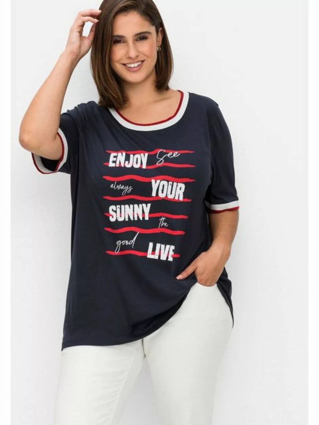 Sheego T-Shirt Große Größen mit Wordingprint und Kontrastbündchen günstig online kaufen