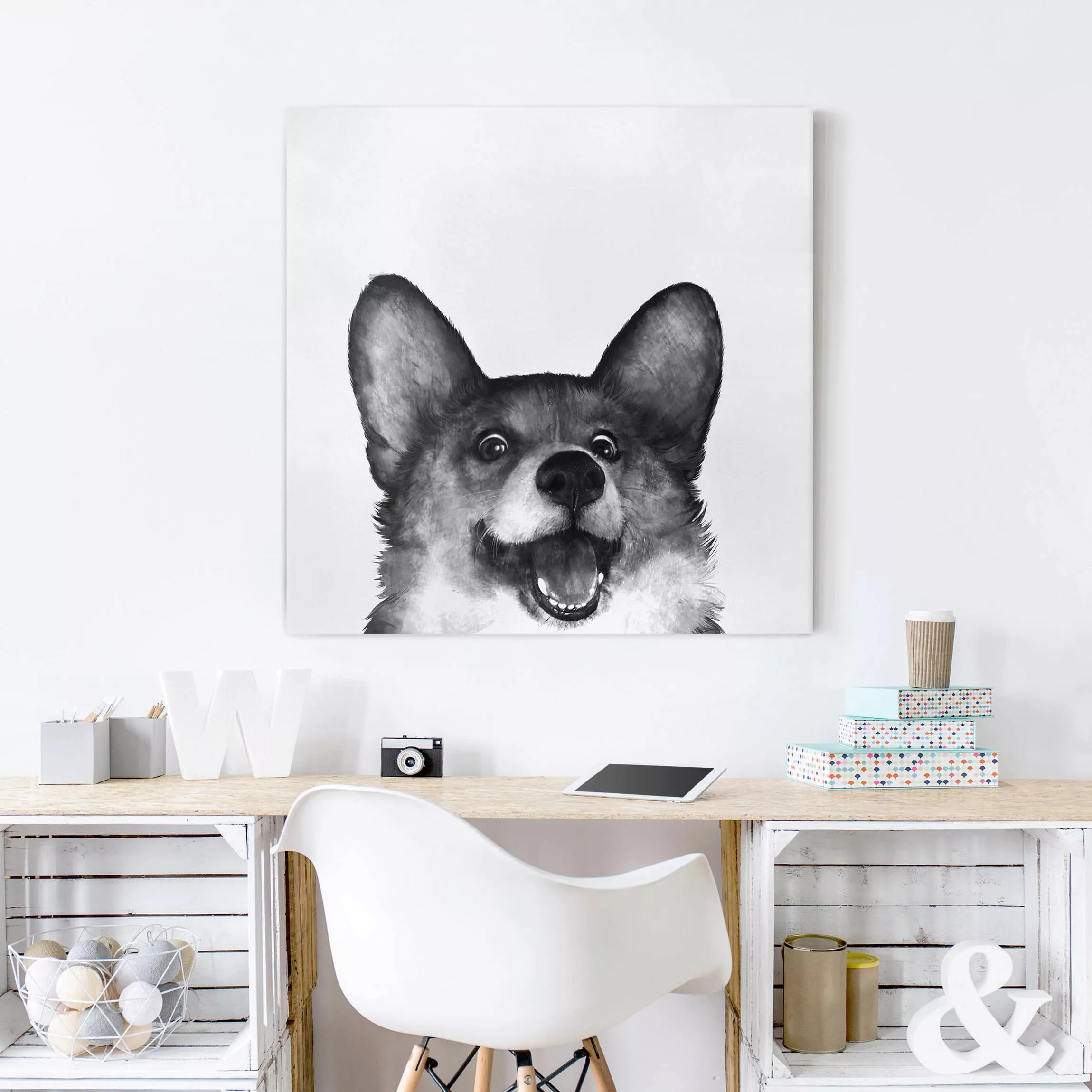 Leinwandbild - Quadrat Illustration Hund Corgi Weiß Schwarz Malerei günstig online kaufen