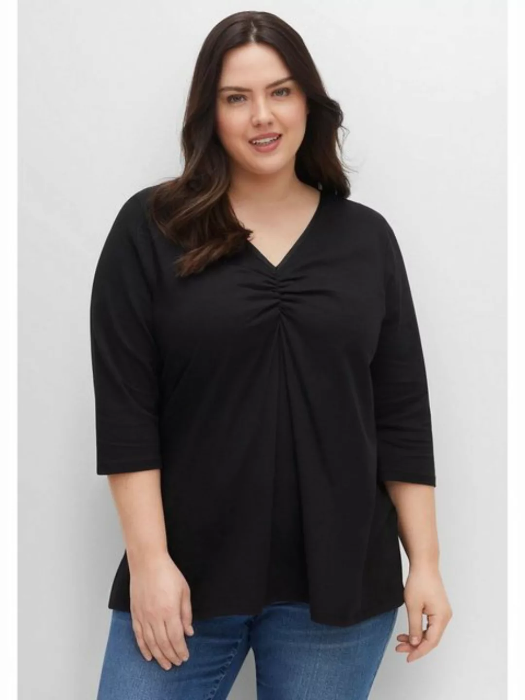 Sheego 3/4-Arm-Shirt "Große Größen", mit V-Ausschnitt und Kellerfalte günstig online kaufen