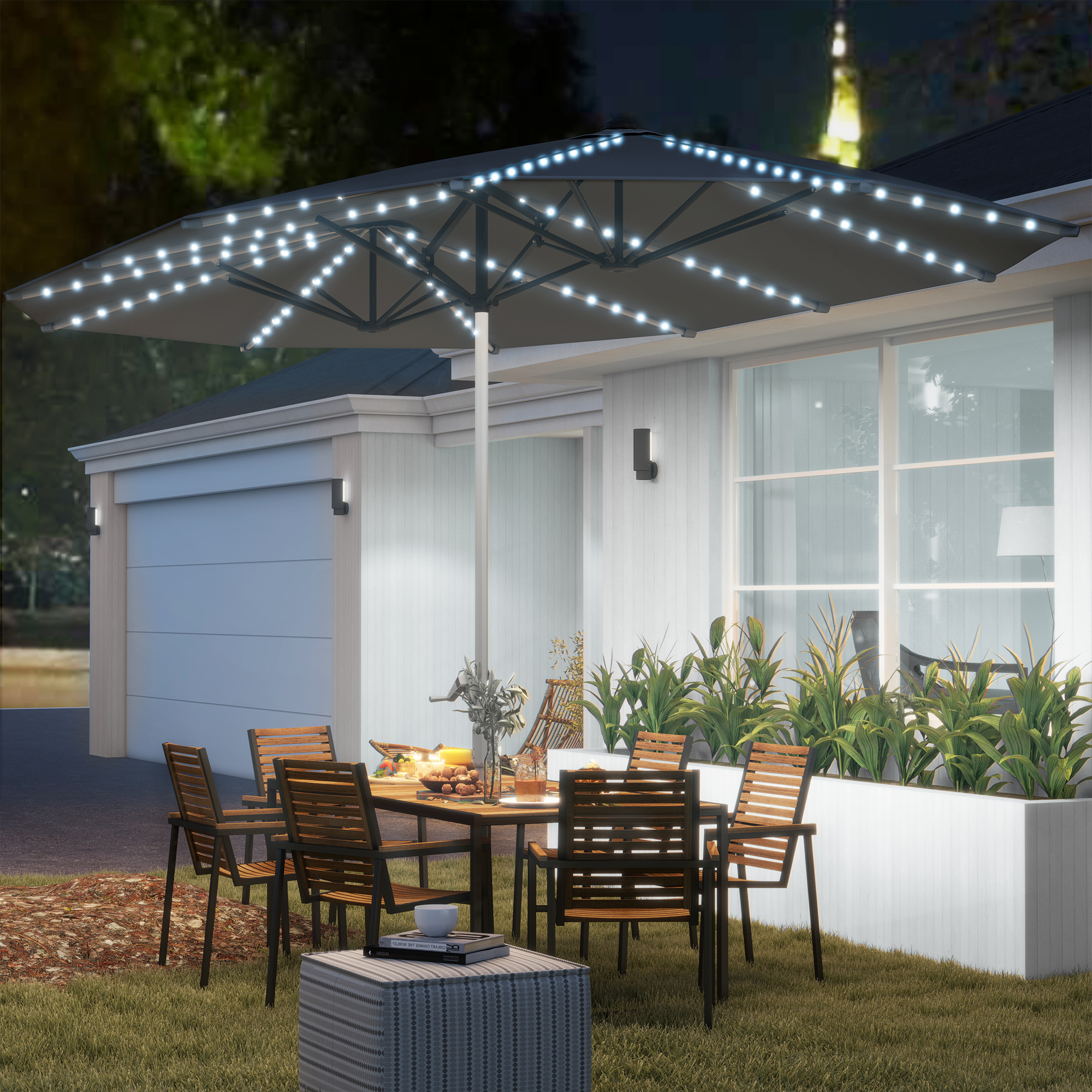 Outsunny Doppelsonnenschirm mit Solar LED Lichtern 451x267 cm Aluminium UV günstig online kaufen