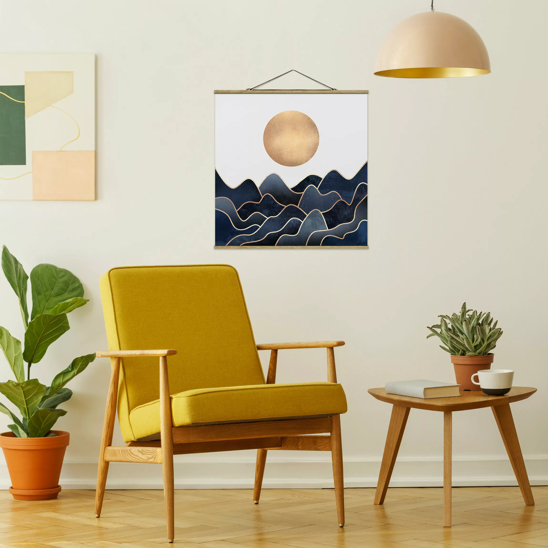 Stoffbild Abstrakt mit Posterleisten - Quadrat Goldene Sonne blaue Wellen günstig online kaufen