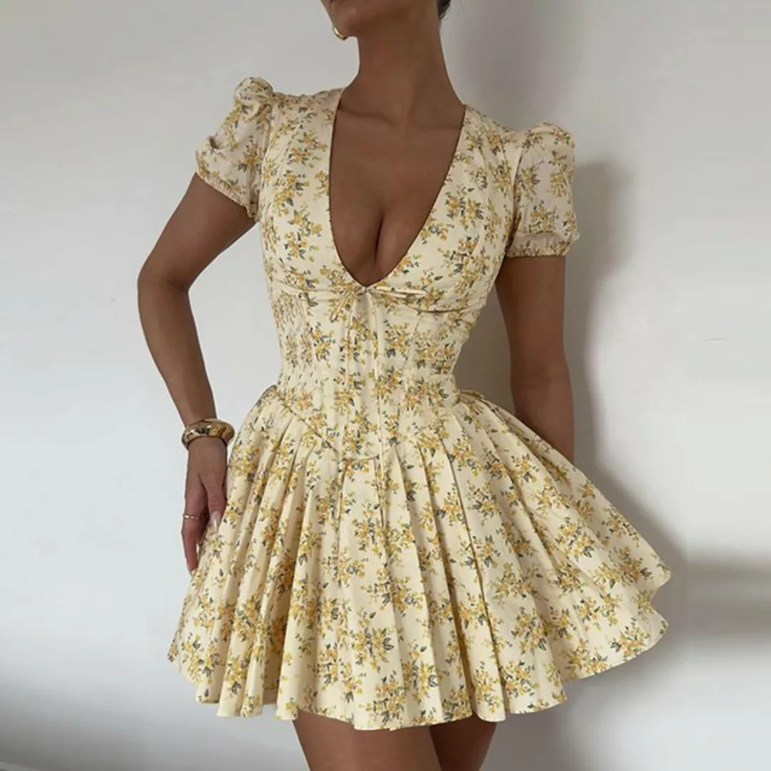 RUZU UG Dirndl Damen-Sommerkleid mit kurzen Ärmeln und Blumenmuster günstig online kaufen