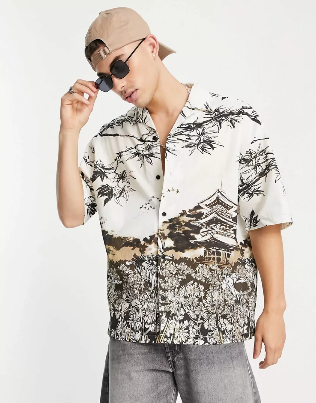 Topman ‑ Oversize-Shirt mit mehrfarbigem Landschaftsprint-Schwarz günstig online kaufen