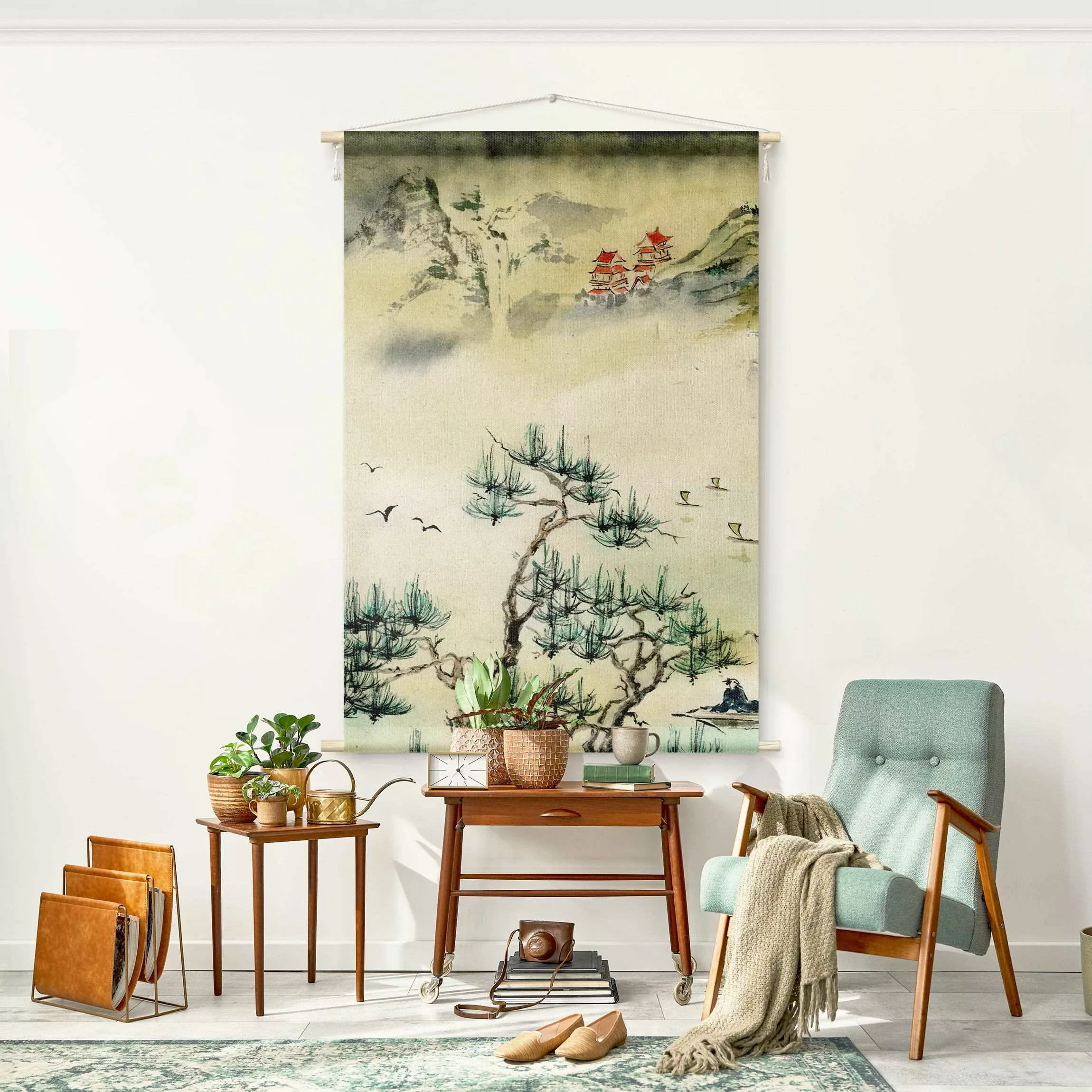 Wandteppich Japanische Aquarell Zeichnung Kiefer und Bergdorf günstig online kaufen