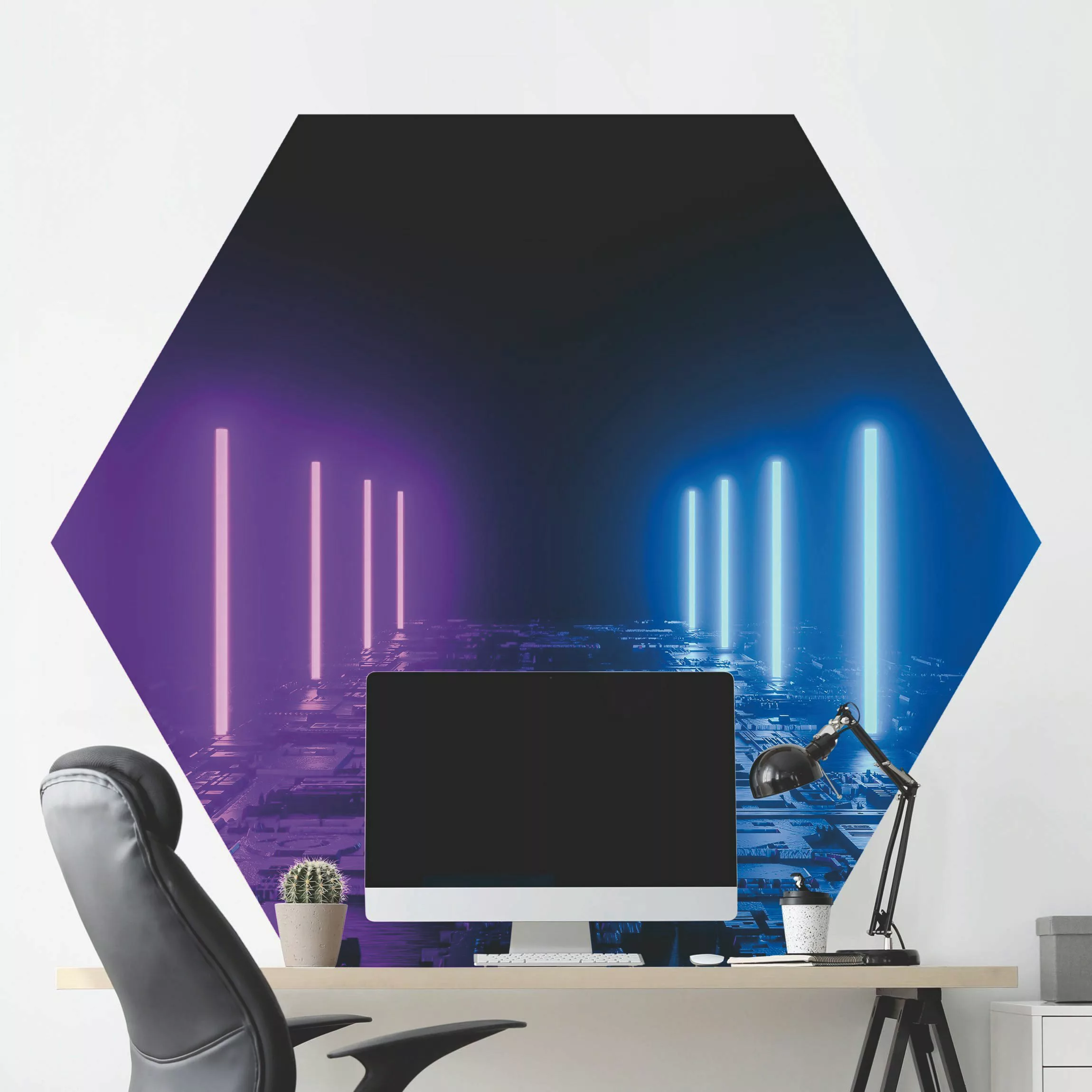 Hexagon Mustertapete selbstklebend Neonlichter in Lila und Blau günstig online kaufen