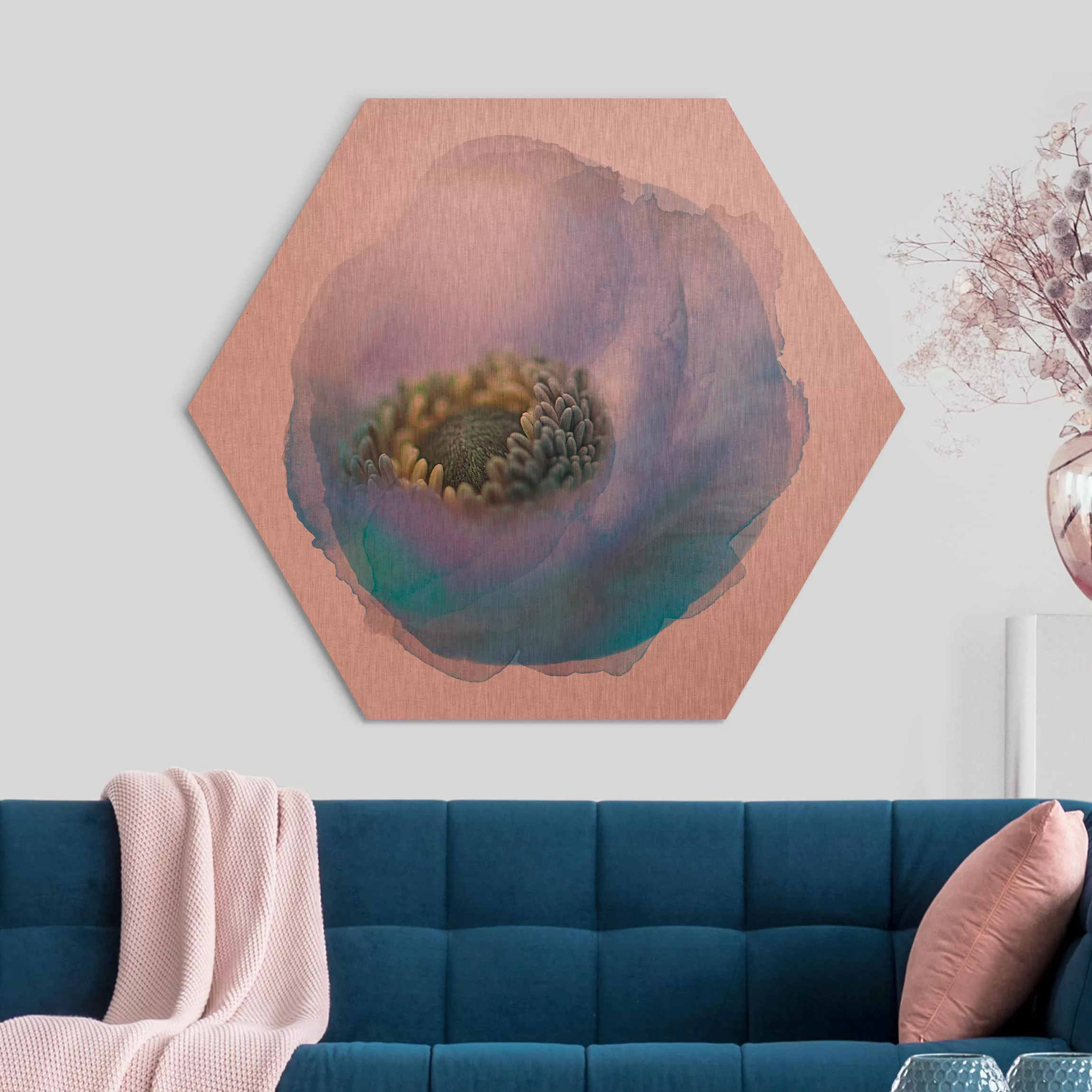 Hexagon-Alu-Dibond Bild Blumen Wasserfarben - Anemone auf dem Fluss günstig online kaufen
