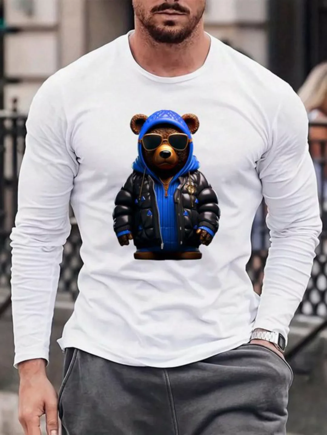 RMK Langarmshirt Herren Longsleeve Rundhals Basic Gangster Teddybär aus Bau günstig online kaufen