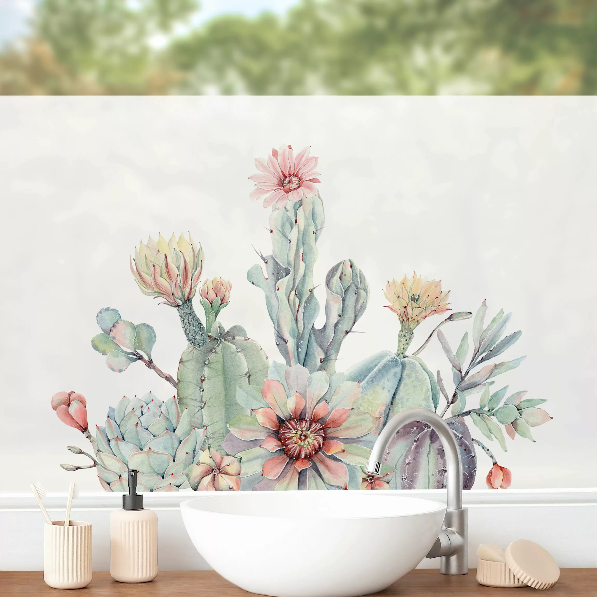 Fensterfolie Aquarell Kaktus Blüte Bouquet günstig online kaufen