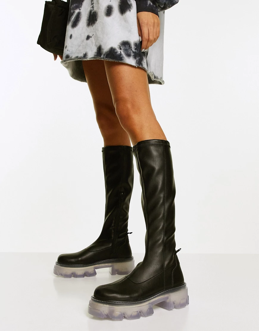 Topshop – Tate – Kniehohe Stiefel in Schwarz und transparent mit dicker Soh günstig online kaufen