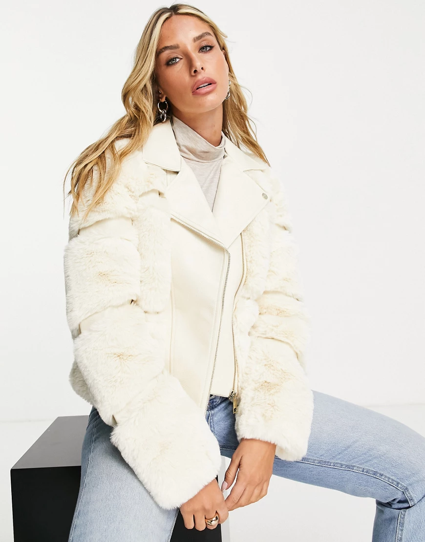 River Island – Bikerjacke mit Kunstfellbesatz in Creme-Weiß günstig online kaufen