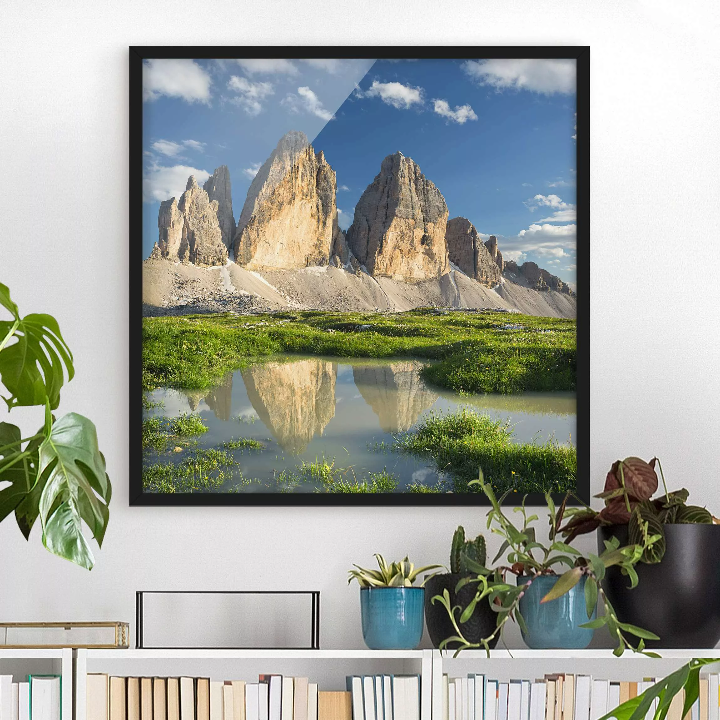 Bild mit Rahmen Natur & Landschaft - Quadrat Südtiroler Zinnen und Wassersp günstig online kaufen