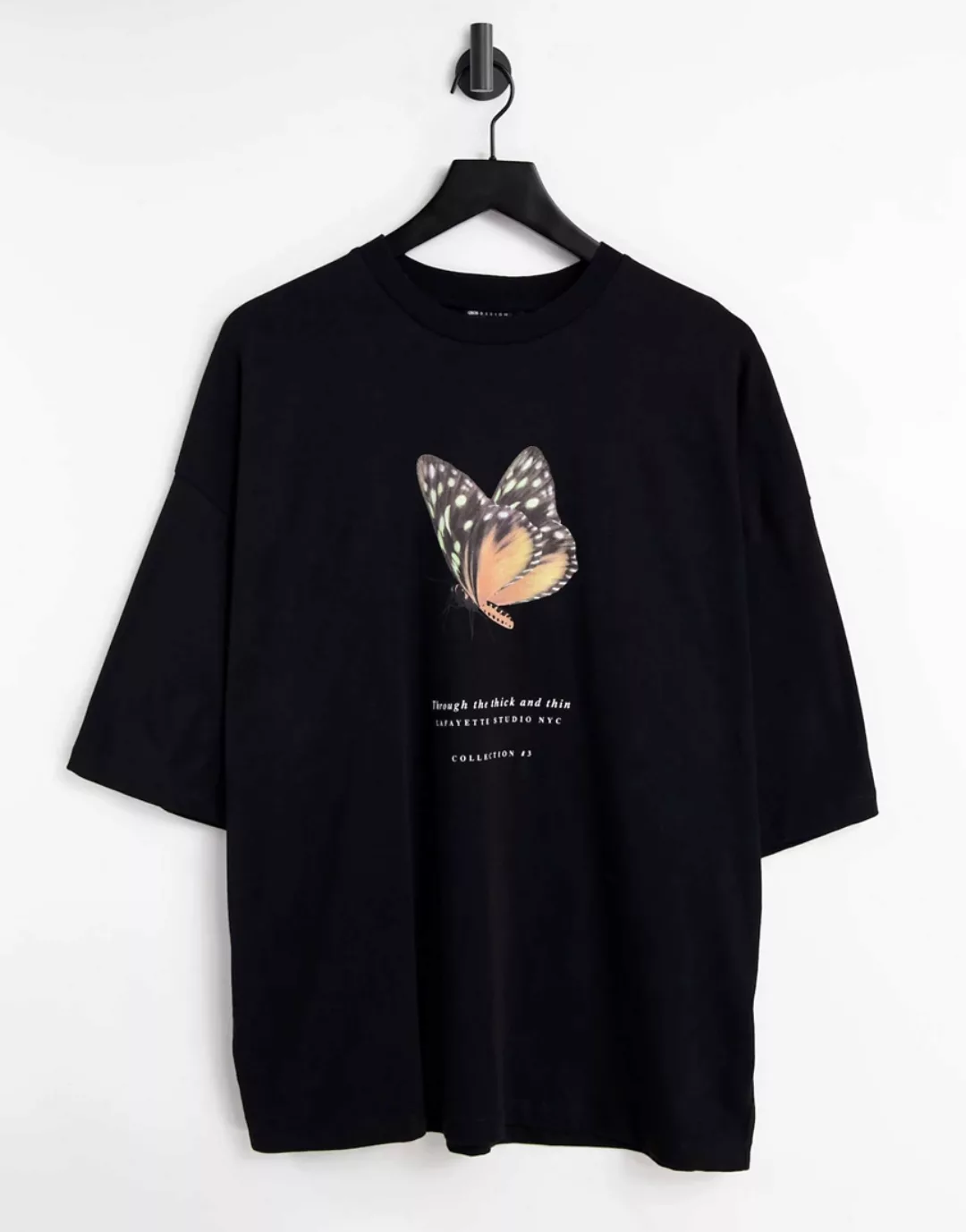 ASOS DESIGN – Oversize-T-Shirt in Schwarz mit Schmetterlings- und Textprint günstig online kaufen