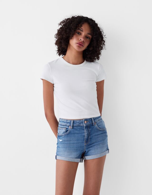 Bershka Jeansshorts Mit Roll-Up Bskteen 42 Ausgewaschenes Blau günstig online kaufen