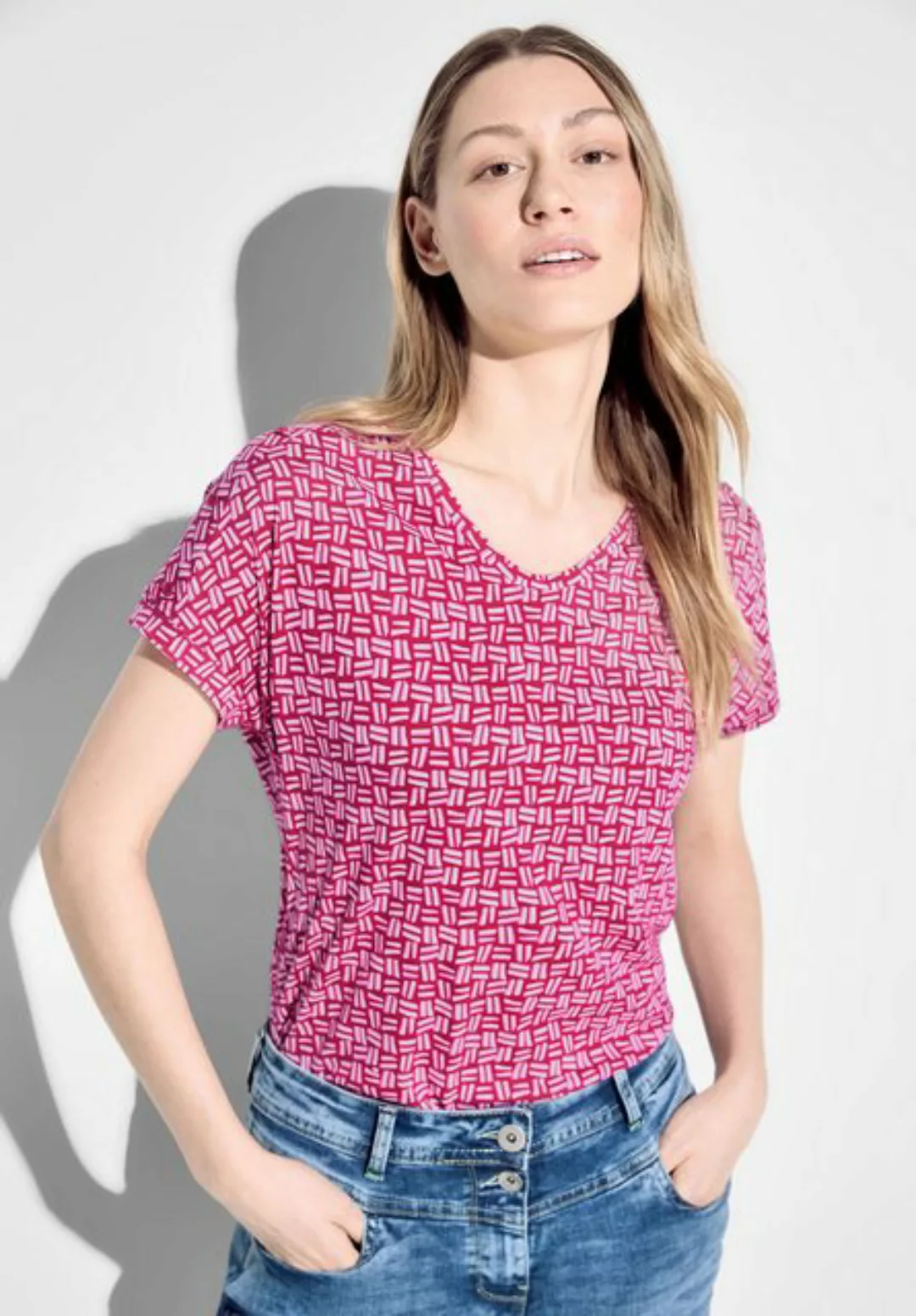 Cecil T-Shirt Cecil T-Shirt mit Print in Pink Sorbet (1-tlg) Gummizugsaum günstig online kaufen