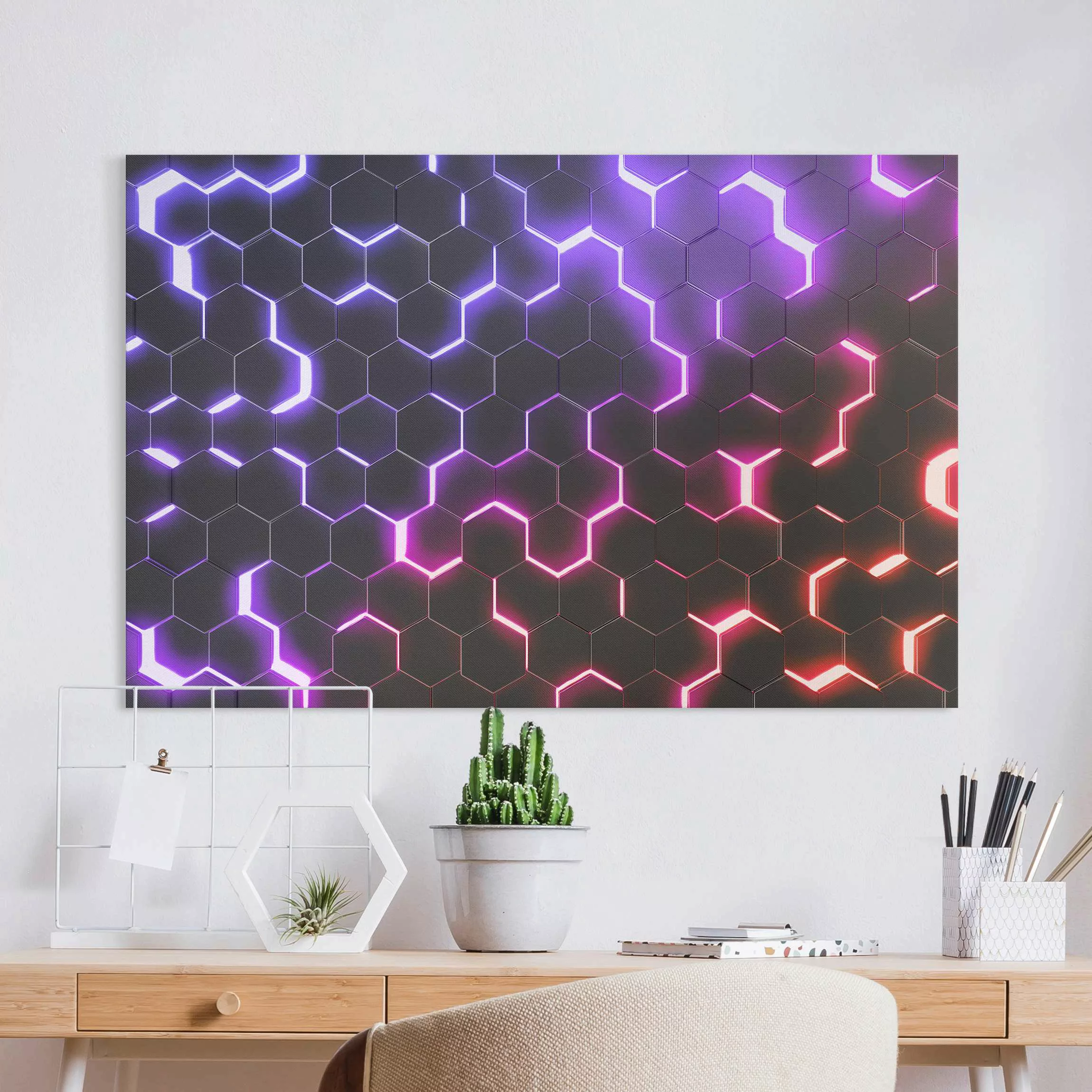 Leinwandbild Strukturierte Hexagone mit Neonlicht in Rosa und Lila günstig online kaufen