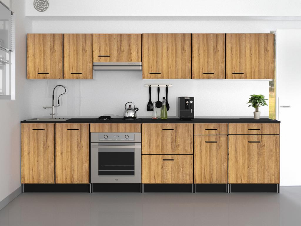 Küchenzeile - mit Arbeitsplatte 300 cm - Naturfarben & Schwarz - TRATTORIA günstig online kaufen
