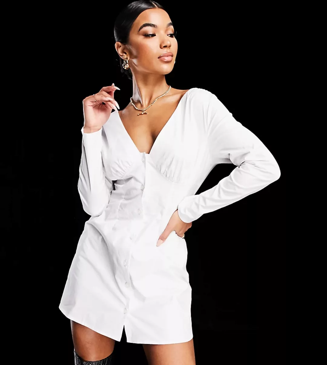 ASYOU – Schulterfreies Kleid in Weiß mit durchgehender Knopfleiste günstig online kaufen