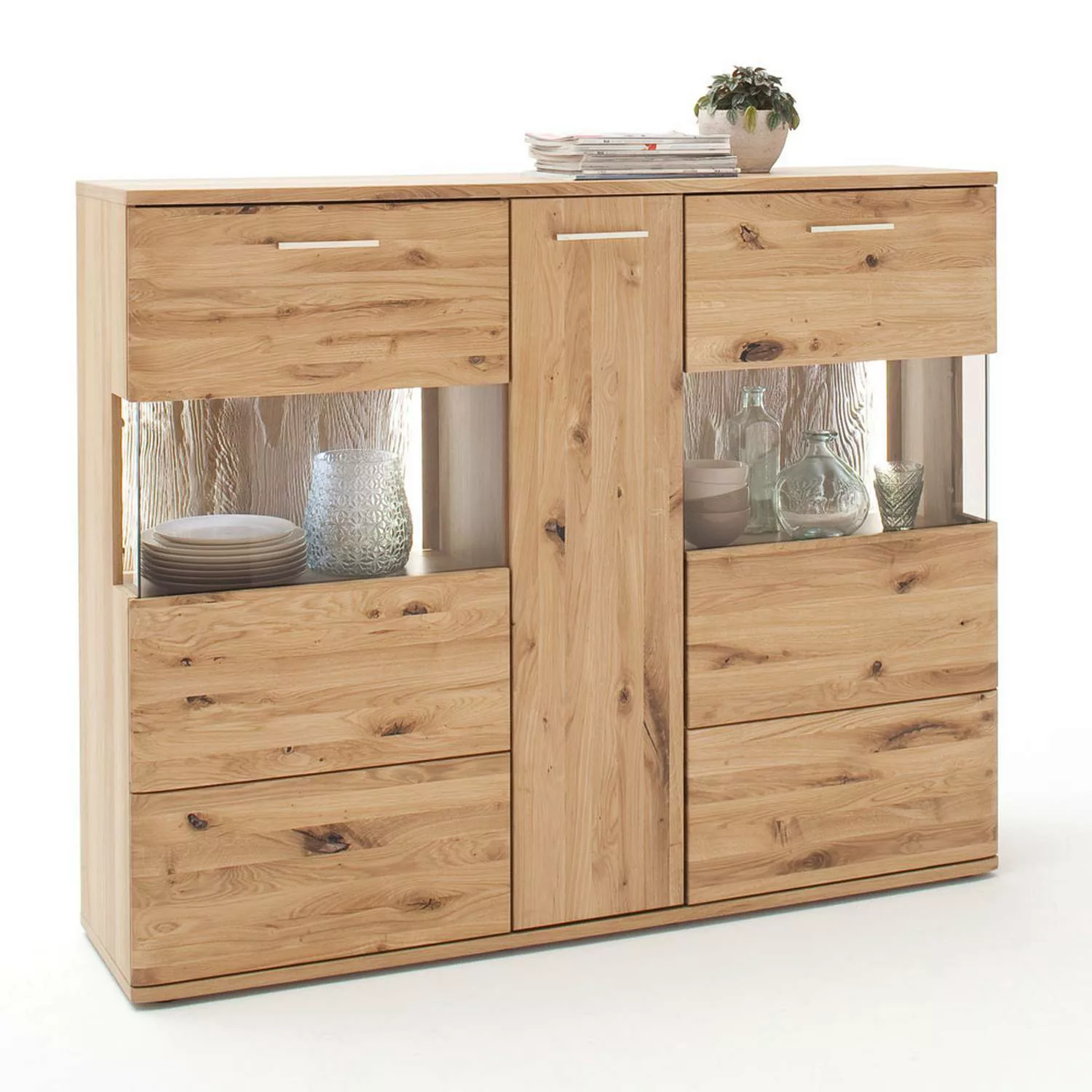 Highboard Vitrine SAMARA-05 Asteiche Bianco massiv geölt, inkl. LED, B/H/T: günstig online kaufen