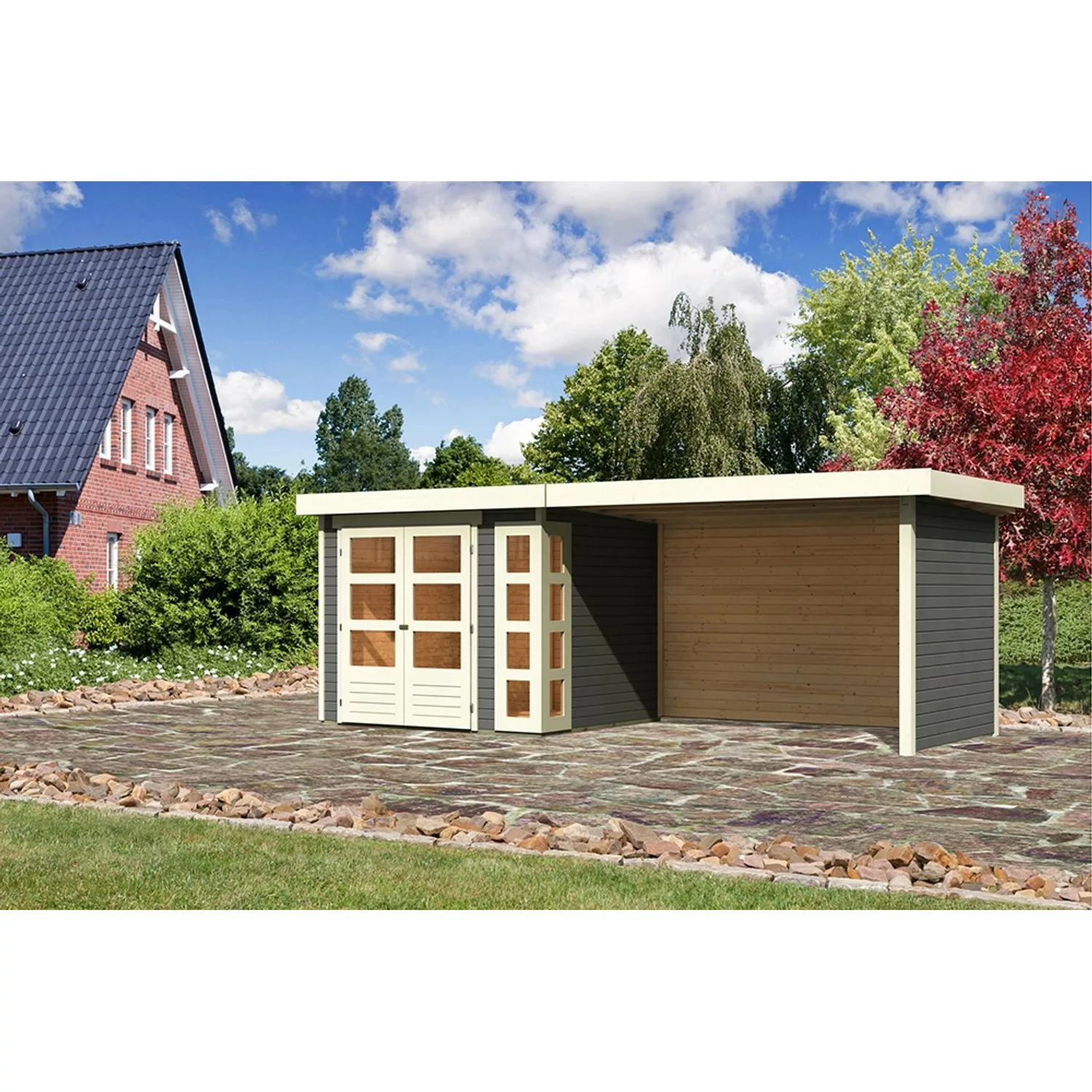 Karibu Holz-Gartenhaus Sölve Terragrau Flachdach Lackiert 238 cm x 213 cm günstig online kaufen