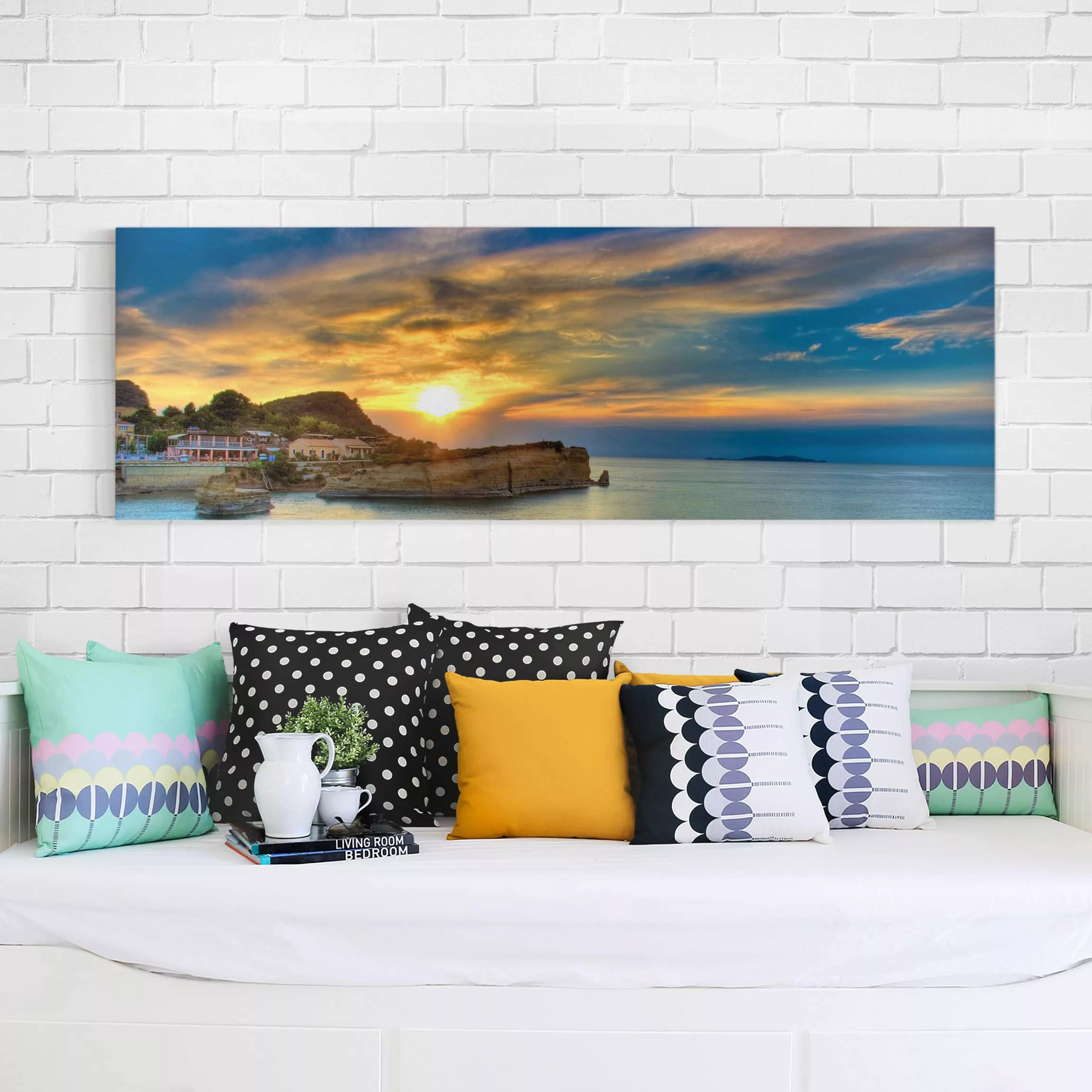 Leinwandbild Strand - Panorama Sonnenuntergang über Korfu günstig online kaufen