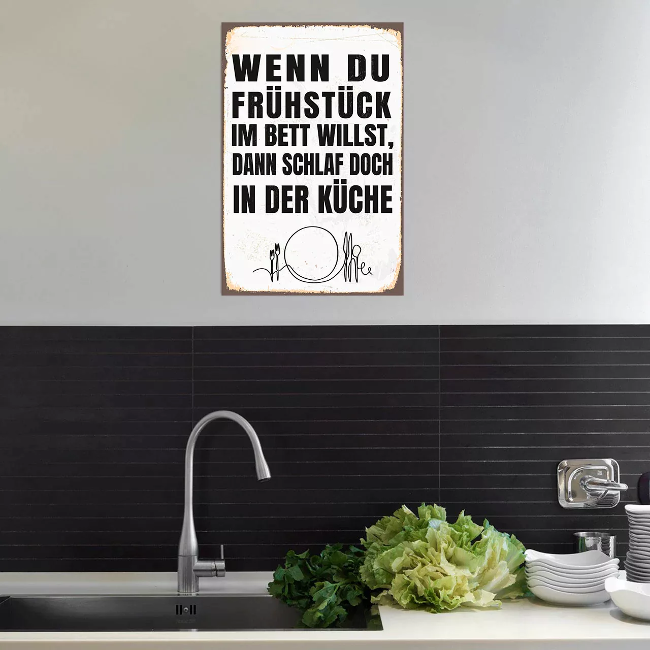 queence Metallbild "Frühstück im Bett", Schriftzüge, (1 St.), Stahlschilder günstig online kaufen