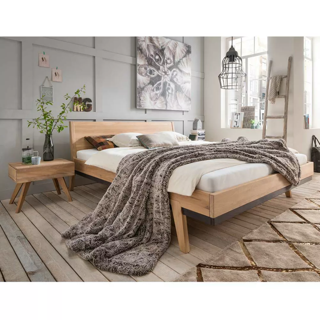 Doppel Bett Wildeiche Bianco aus Massivholz zwei Nachtkommoden (dreiteilig) günstig online kaufen