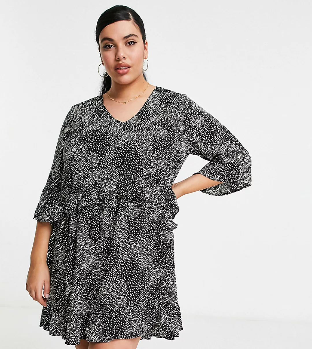 Vero Moda Curve – Hängerkleid mit Rüschenärmeln und schwarzem, abstraktem P günstig online kaufen