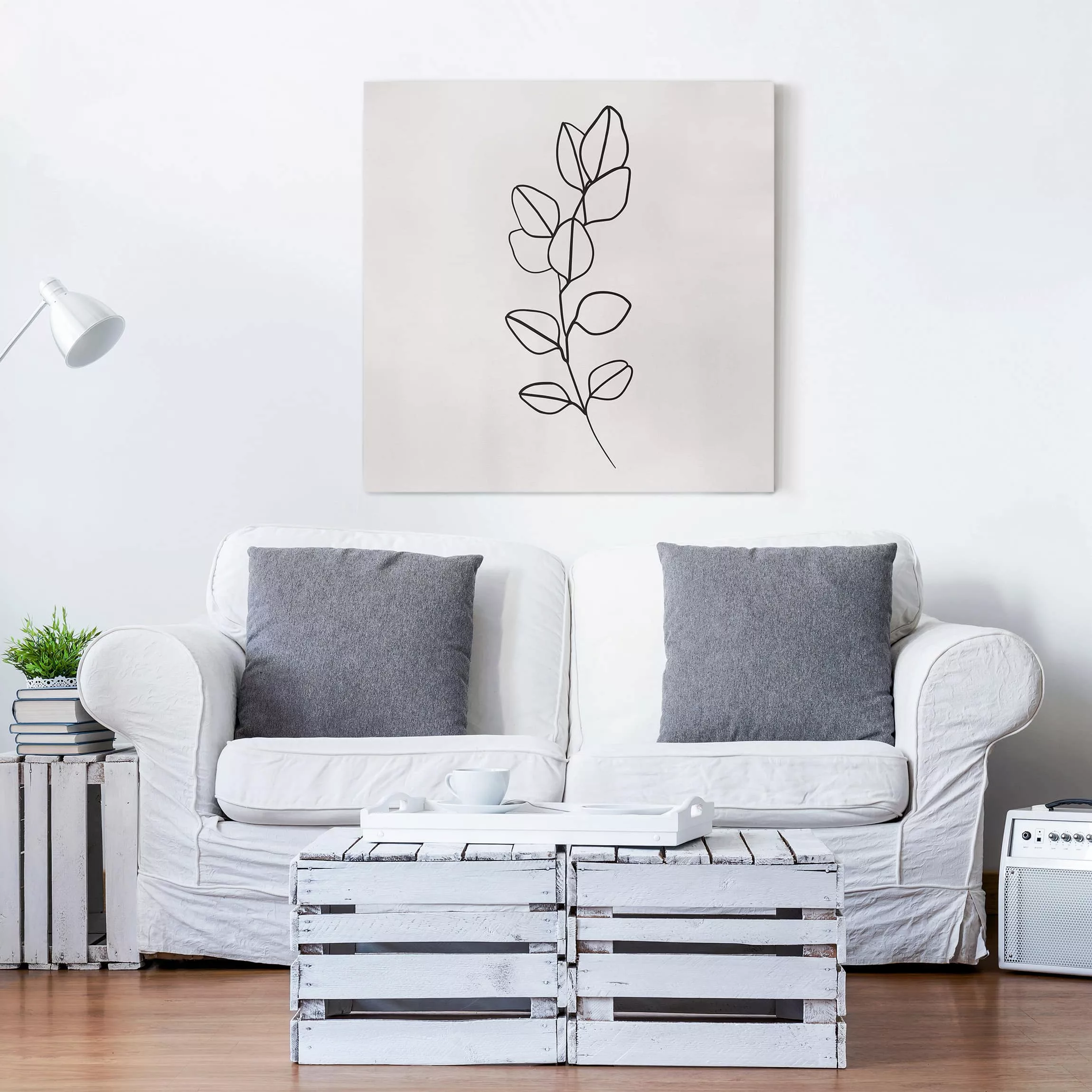 Leinwandbild Blumen - Quadrat Line Art Zweig Blätter Schwarz Weiß günstig online kaufen