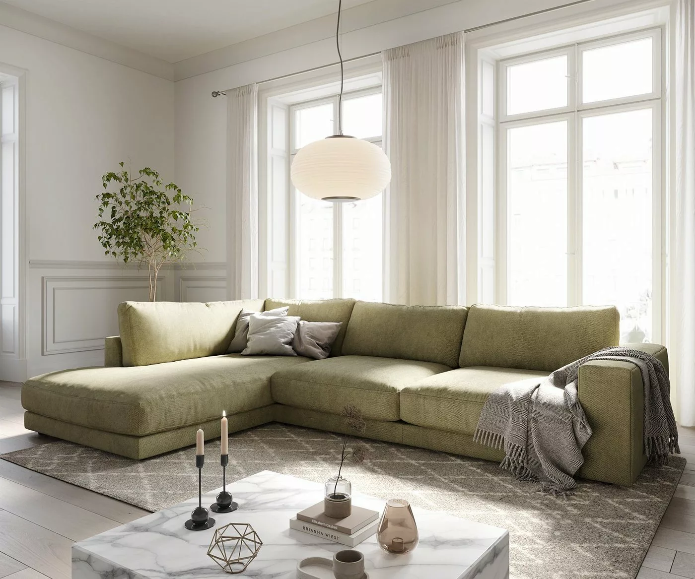 DELIFE Ecksofa Cubico, Strukturstoff Olive 325x225 cm Ottomane links Ecksof günstig online kaufen