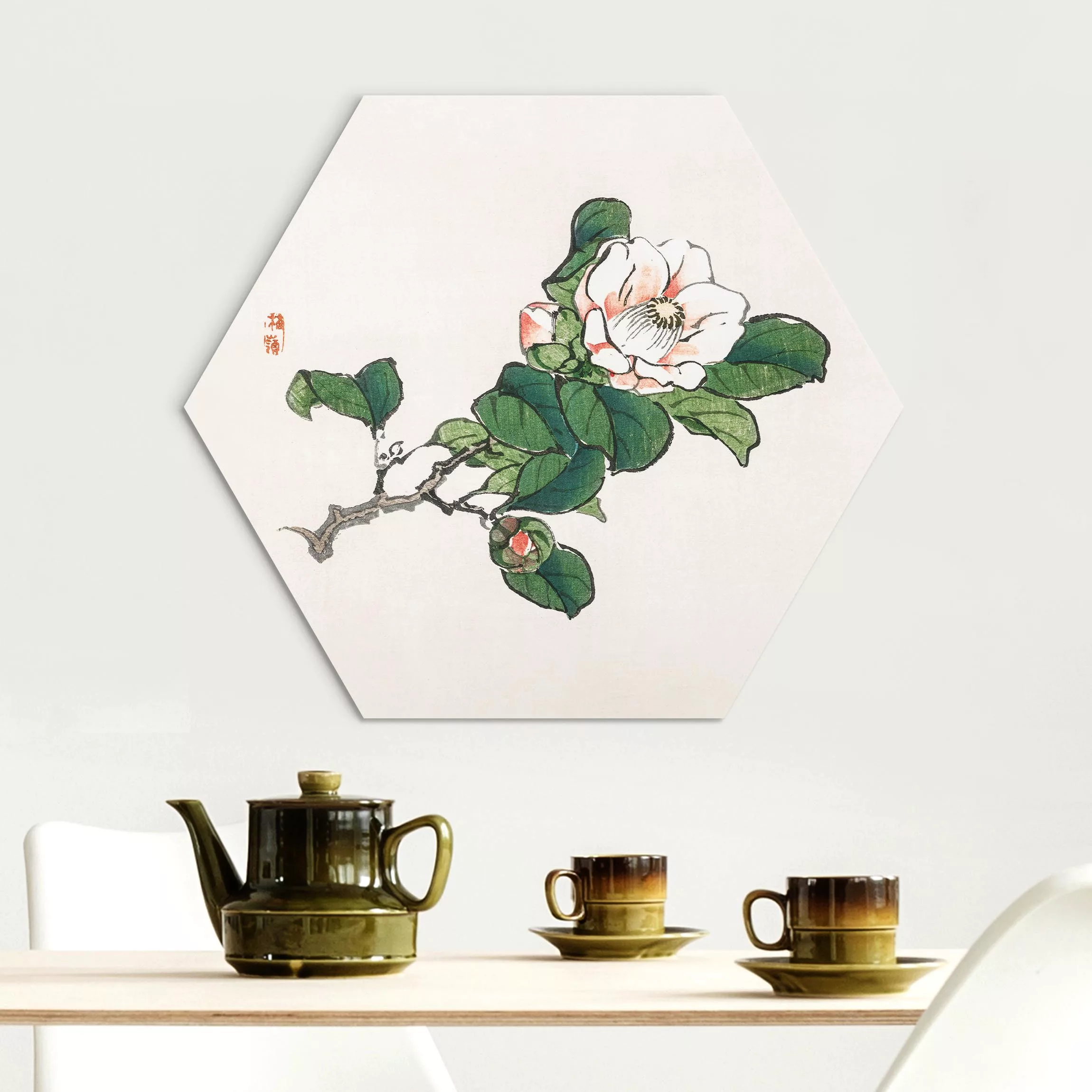 Hexagon-Alu-Dibond Bild Asiatische Vintage Zeichnung Apfelblüte günstig online kaufen