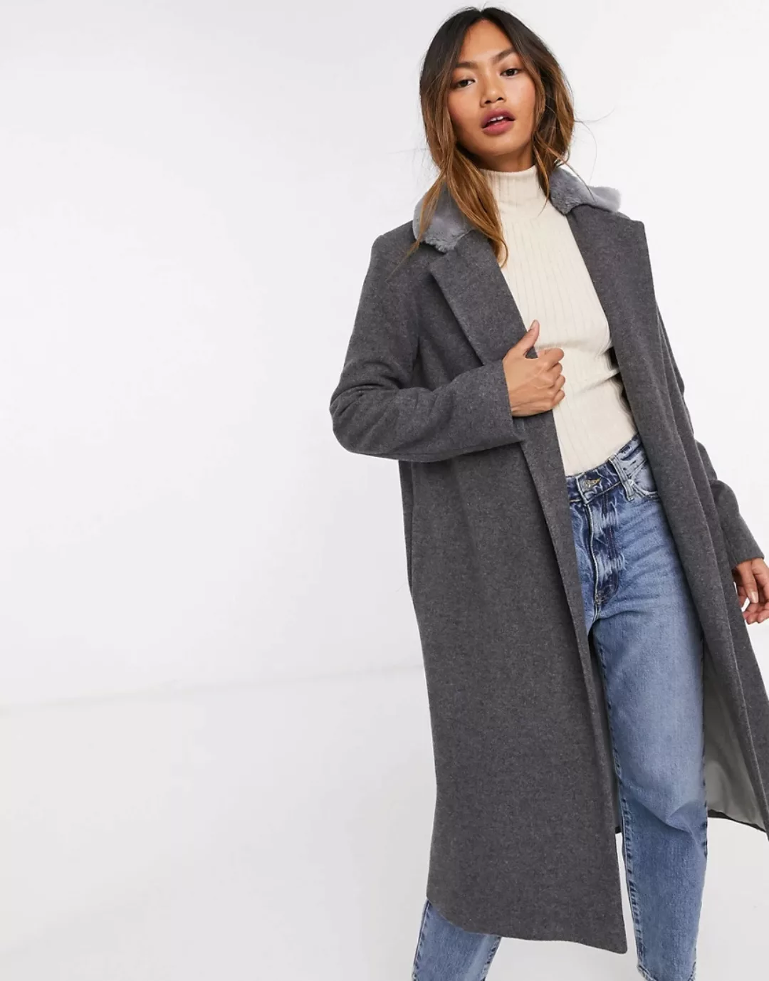 Helene Berman – Langer Mantel aus Wollmischung mit Kunstpelzbesatz in Grau günstig online kaufen