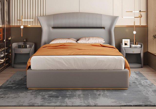 Xlmoebel Bett Design Doppelbett aus grauem Leder für Schlafzimmer - Luxuriö günstig online kaufen