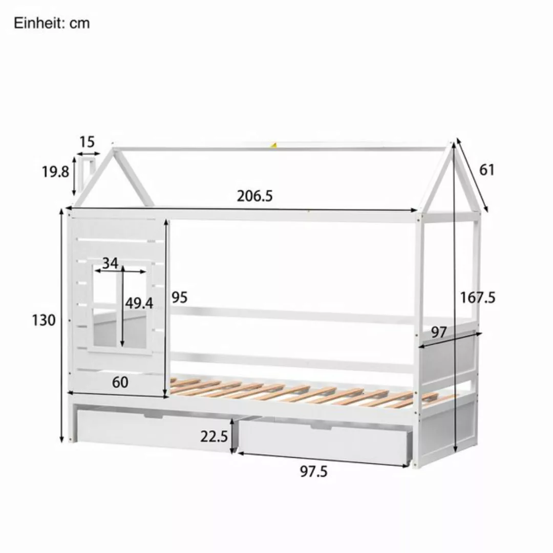 SOFTWEARY Kinderbett Hausbett mit 2 Schubladen und Lattenrost (90x200 cm), günstig online kaufen