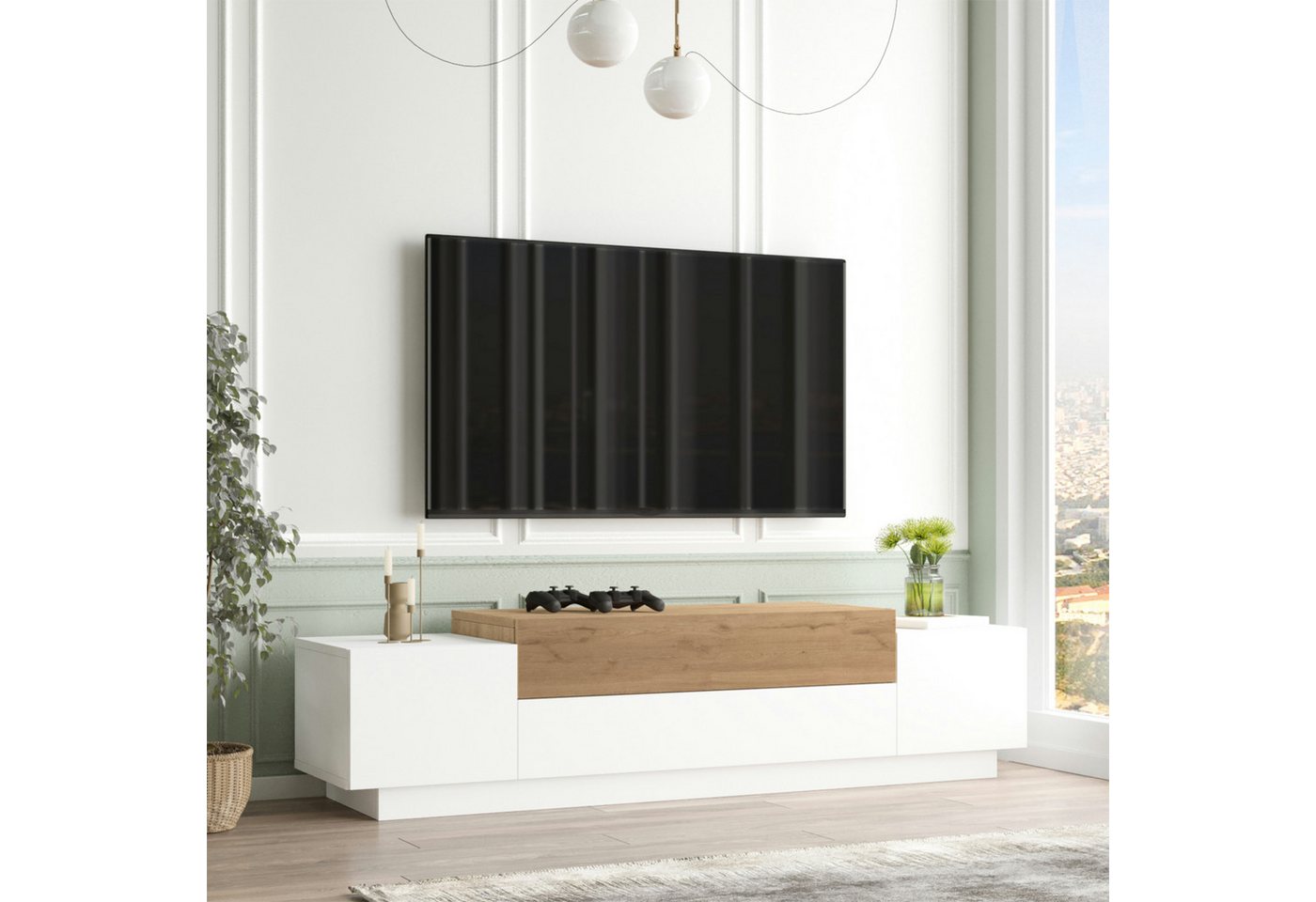 en.casa TV-Schrank Fernsehschrank »Firås« 160x38x39 cm Eiche/Weiß günstig online kaufen