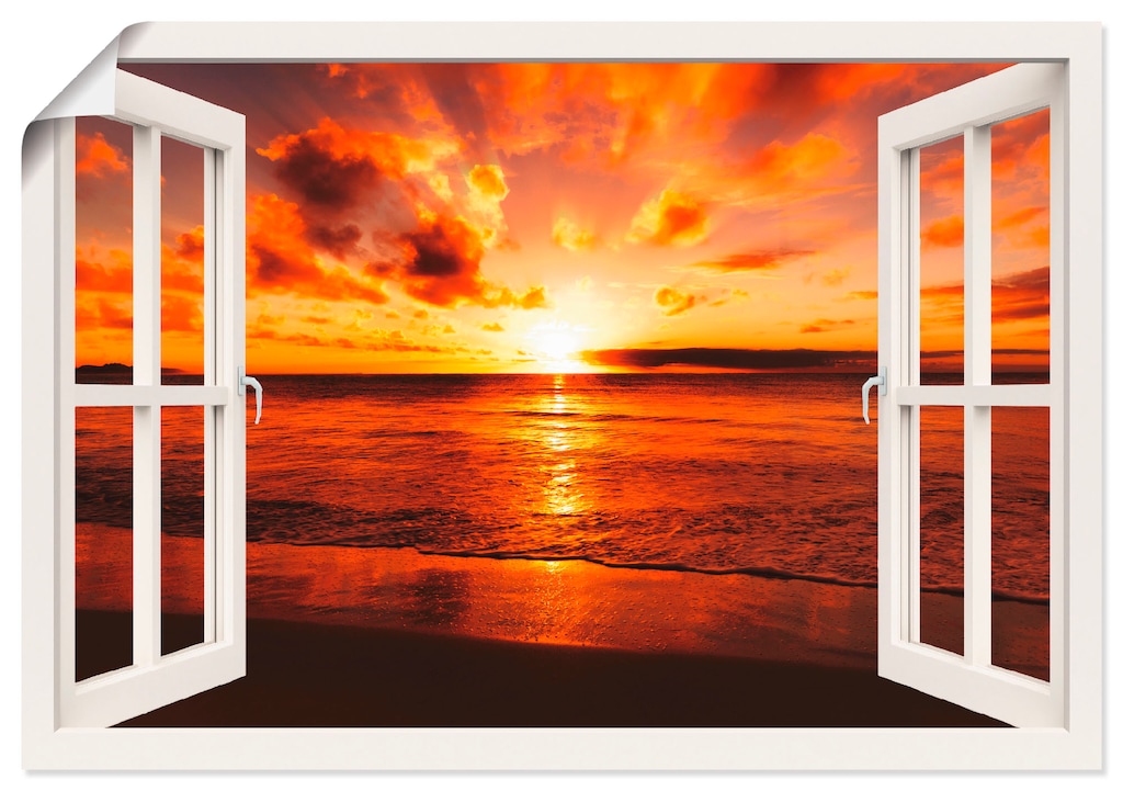 Artland Wandbild "Fensterblick Sonnenuntergang am Strand", Fensterblick, (1 günstig online kaufen