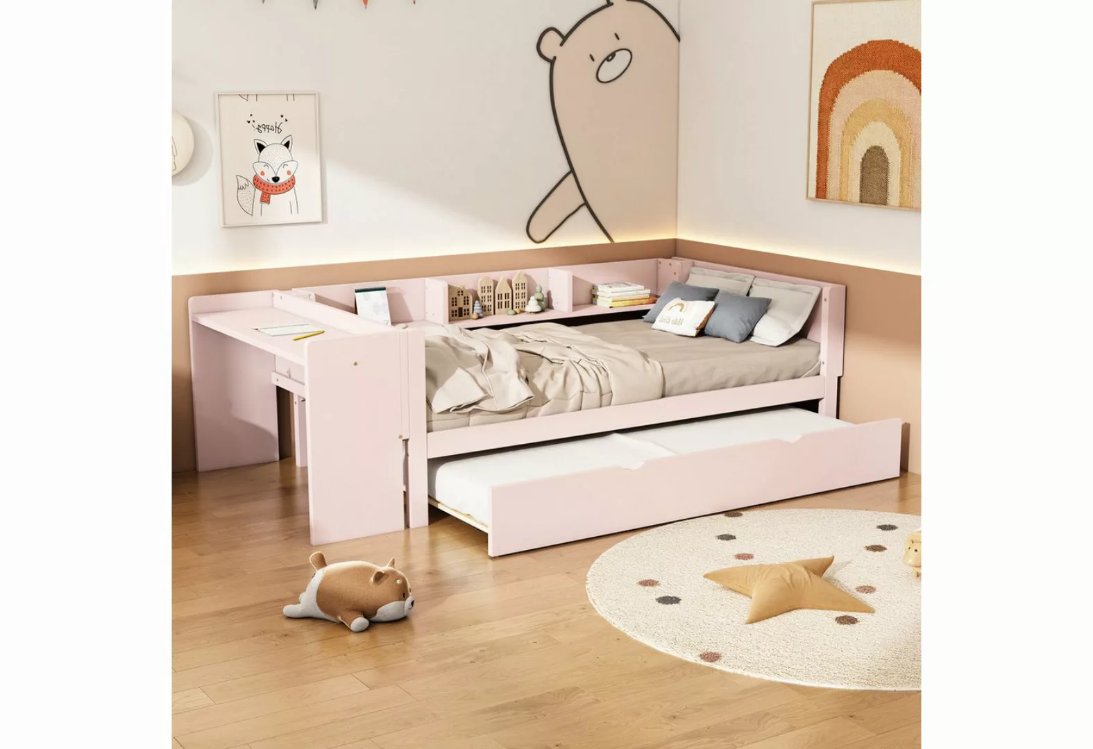 SOFTWEARY Jugendbett mit Gästebett, Lattenrost und Schreibtisch (90x200 cm) günstig online kaufen