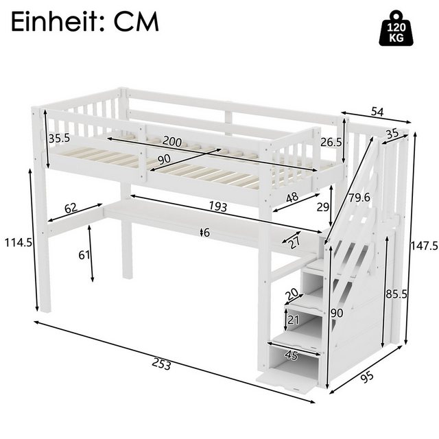 Flieks Hochbett Massivholz Etagenbett Kinderbett 90×200cm mit Treppe und Sc günstig online kaufen