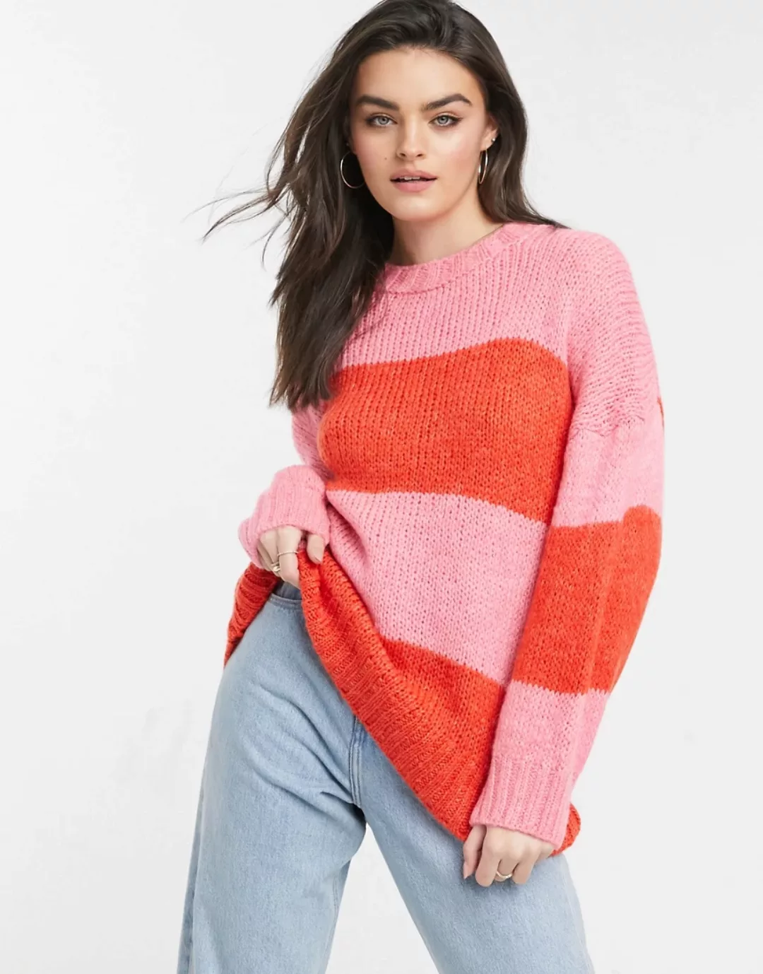 ASOS DESIGN – Flauschiger Oversize-Pullover mit Blockstreifen-Rosa günstig online kaufen