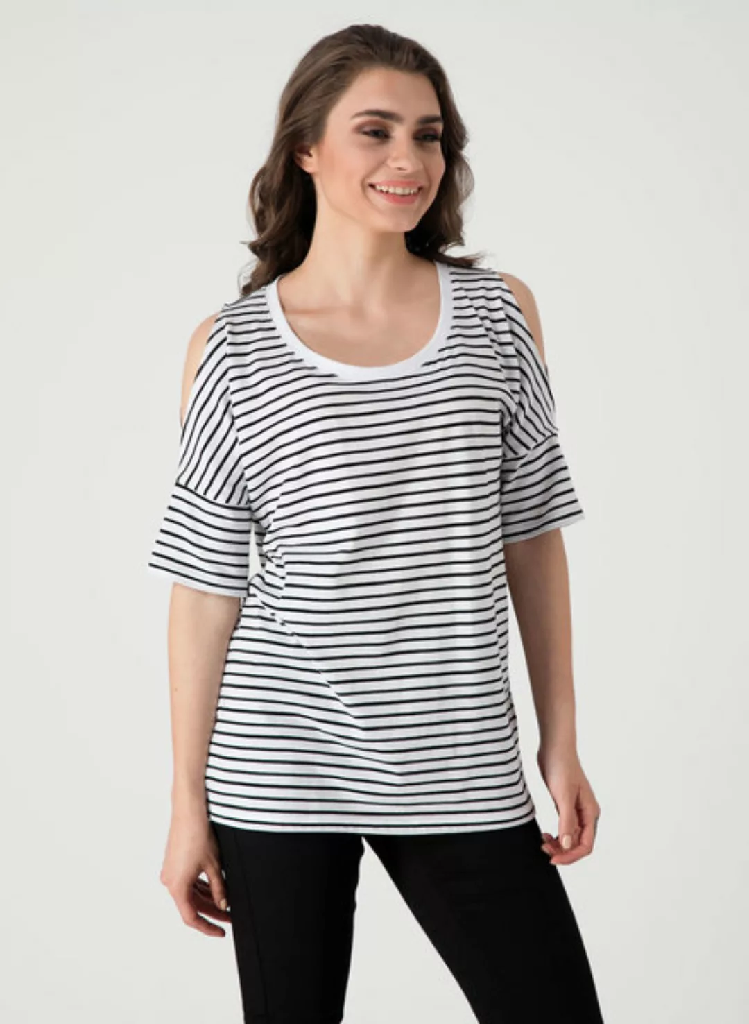 Schulterfreies T-shirt Aus Bio Baumwolle Mit Streifen günstig online kaufen