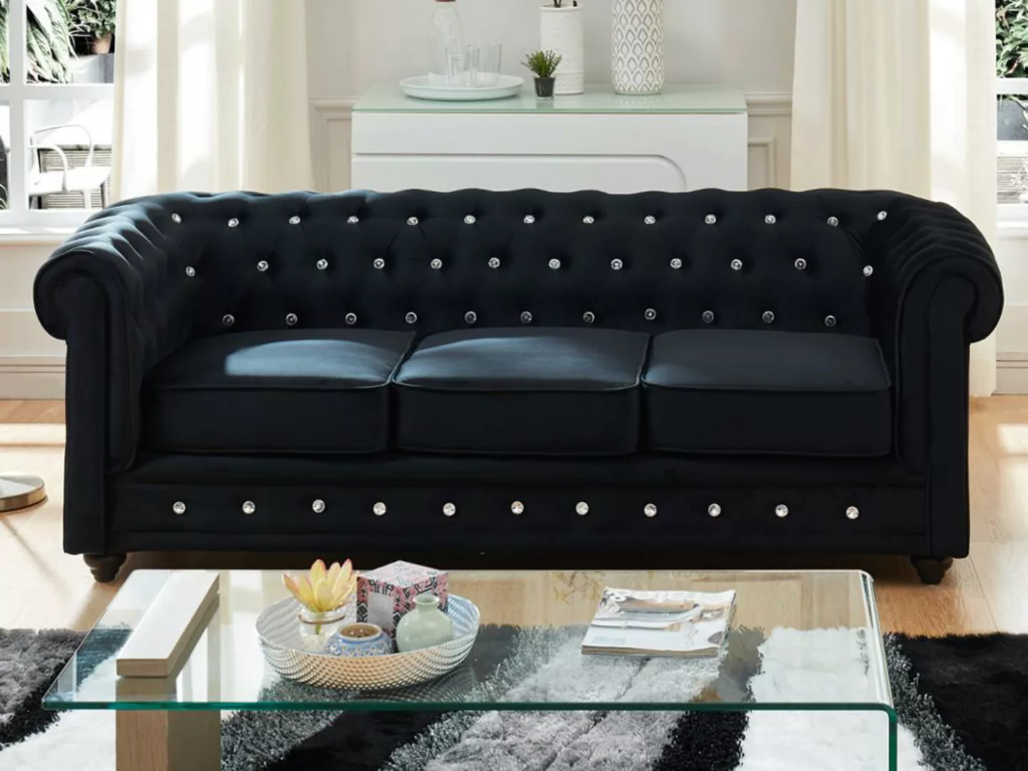 Sofa 3-Sitzer - Samt - Schwarz mit Knöpfen in Kristalloptik - CHESTERFIELD günstig online kaufen