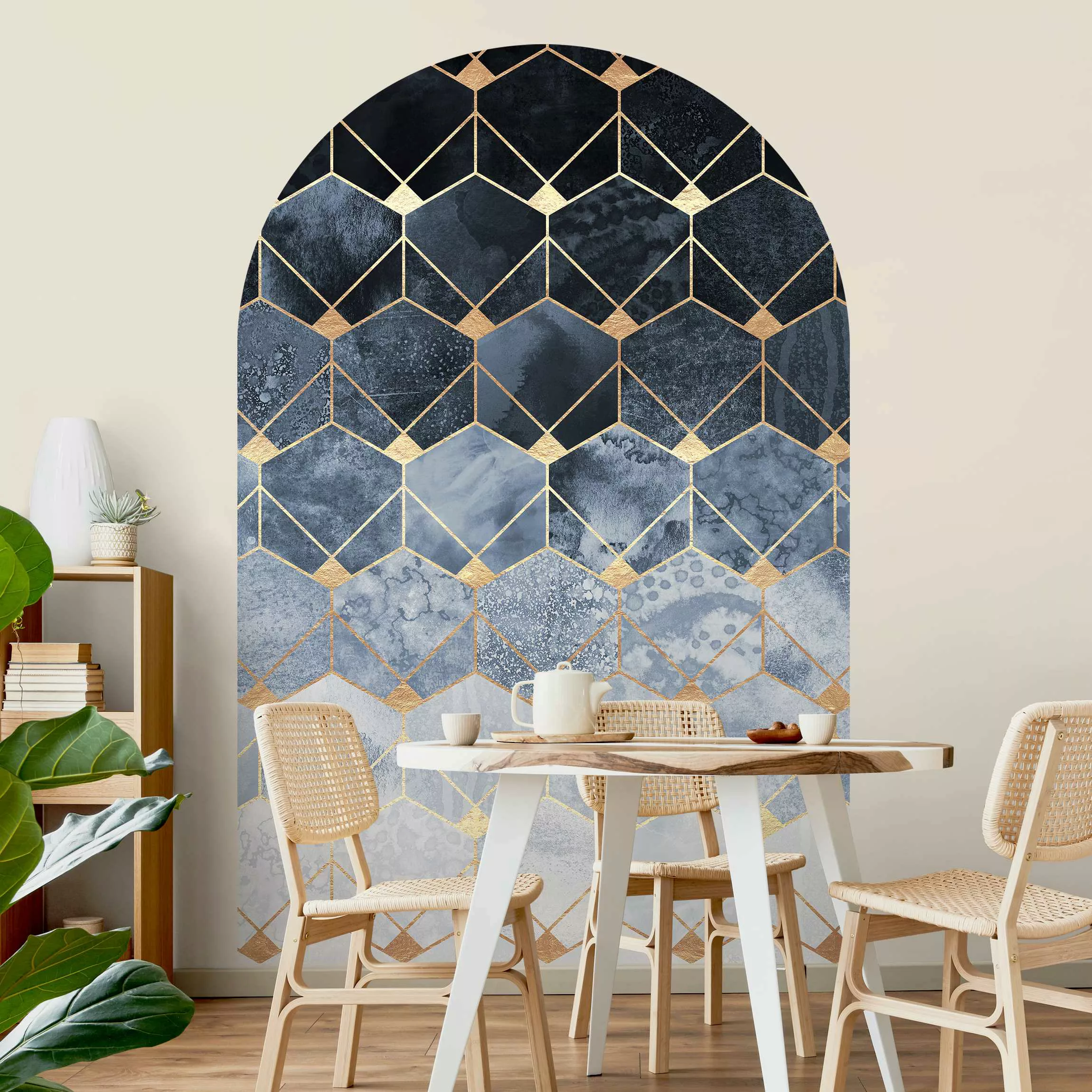 Rundbogen Tapete Blaue Geometrie goldenes Art Deco günstig online kaufen