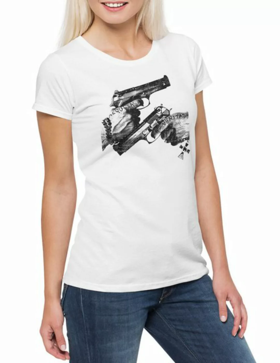 Urban Backwoods Print-Shirt Veritas Aequitas Damen T-Shirt Boondock Tattoo günstig online kaufen