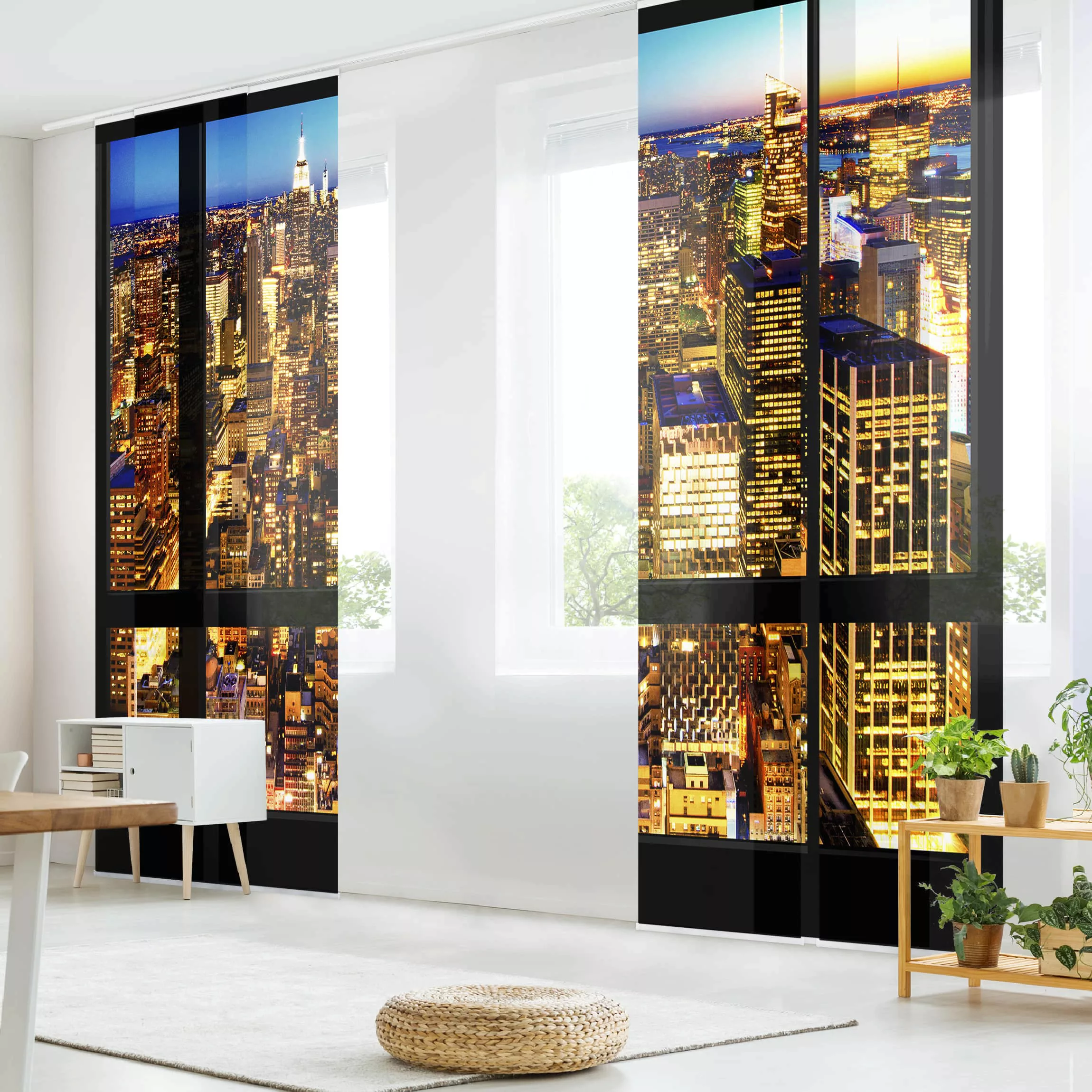 Schiebegardine Set Fensterblick New York bei Nacht günstig online kaufen