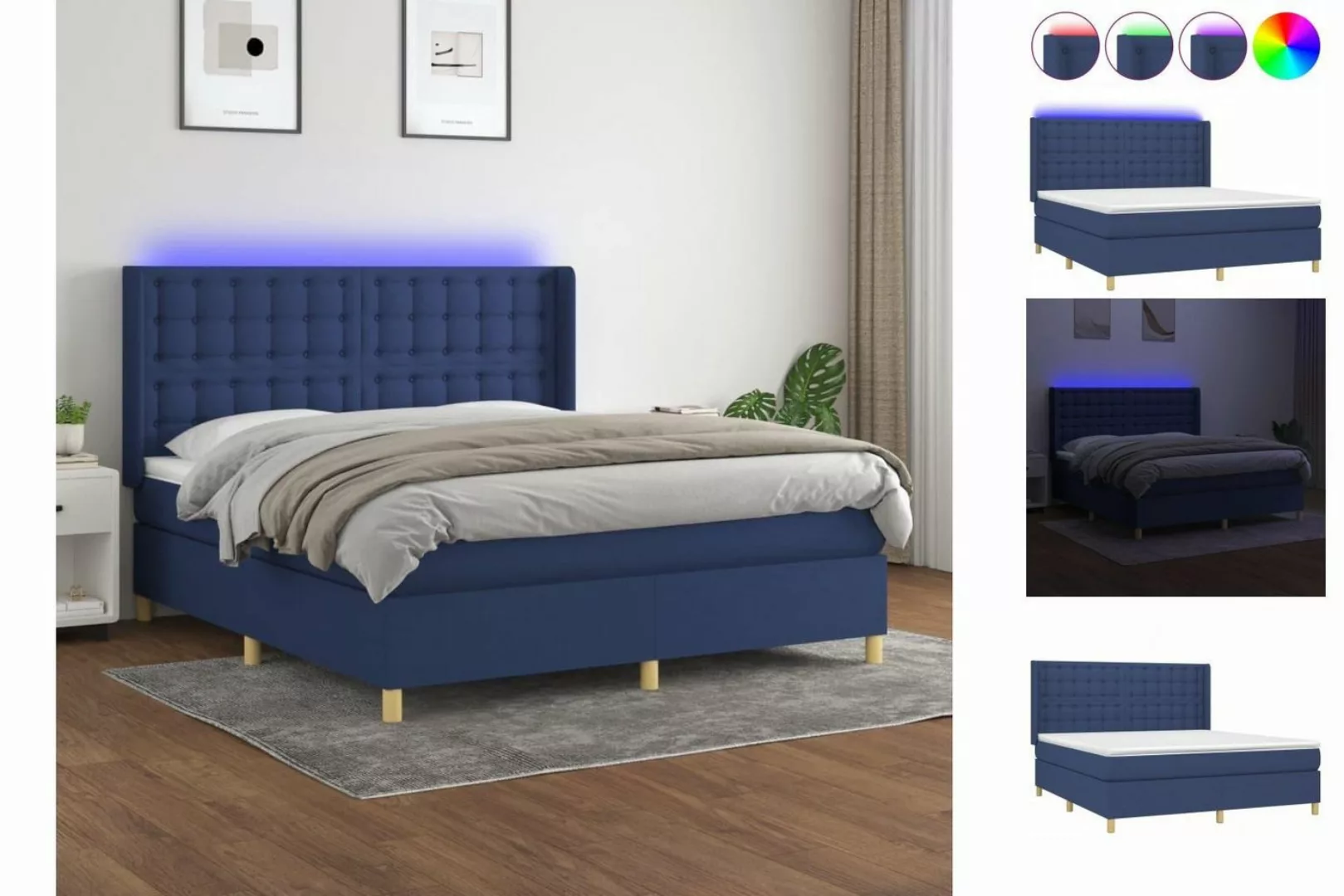 vidaXL Bettgestell Boxspringbett mit Matratze LED Blau 160x200 cm Stoff Bet günstig online kaufen