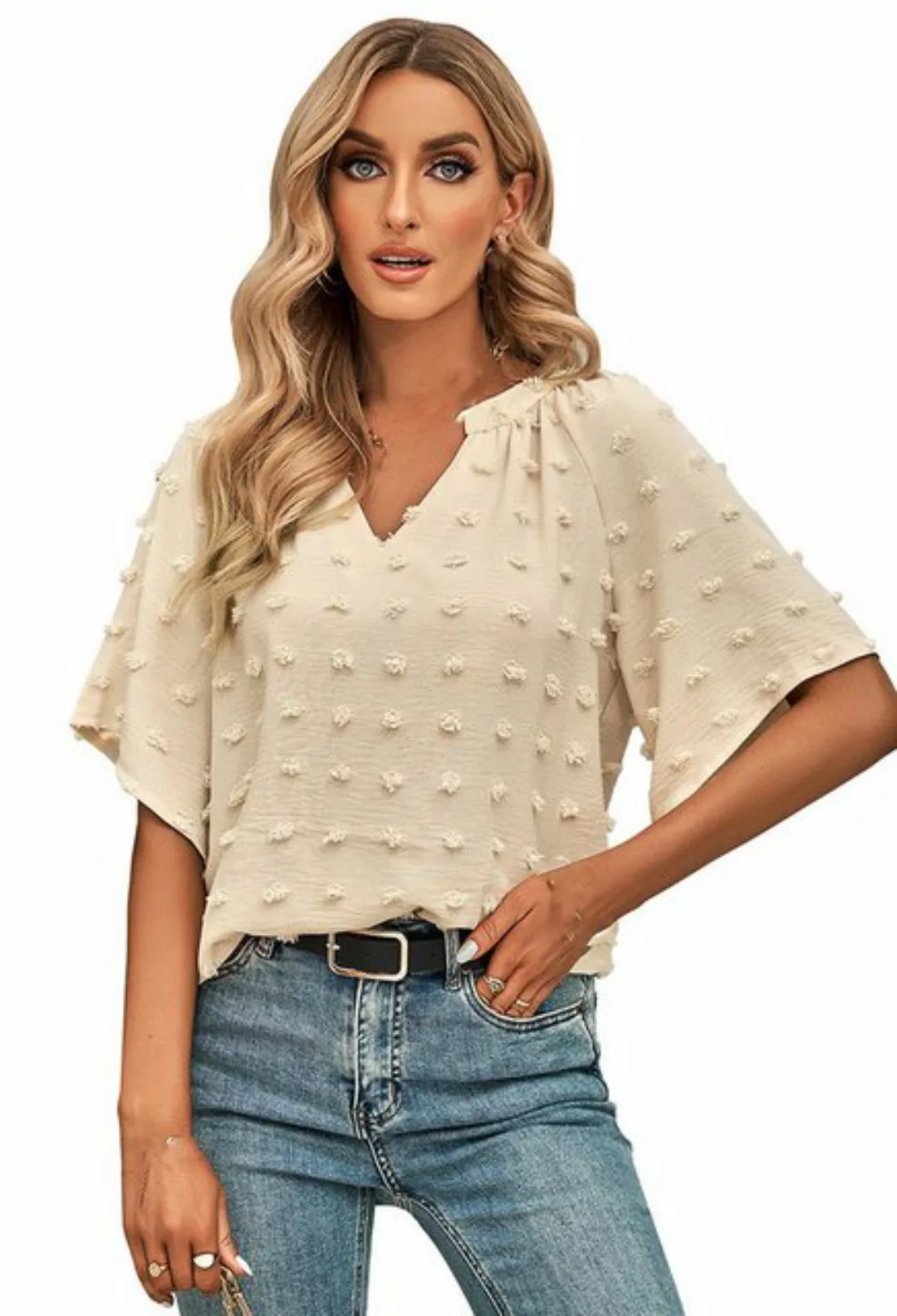 CHENIN Kurzarmhemd Damen V-Ausschnitt einfarbig Hairball Top Damen Casual T günstig online kaufen