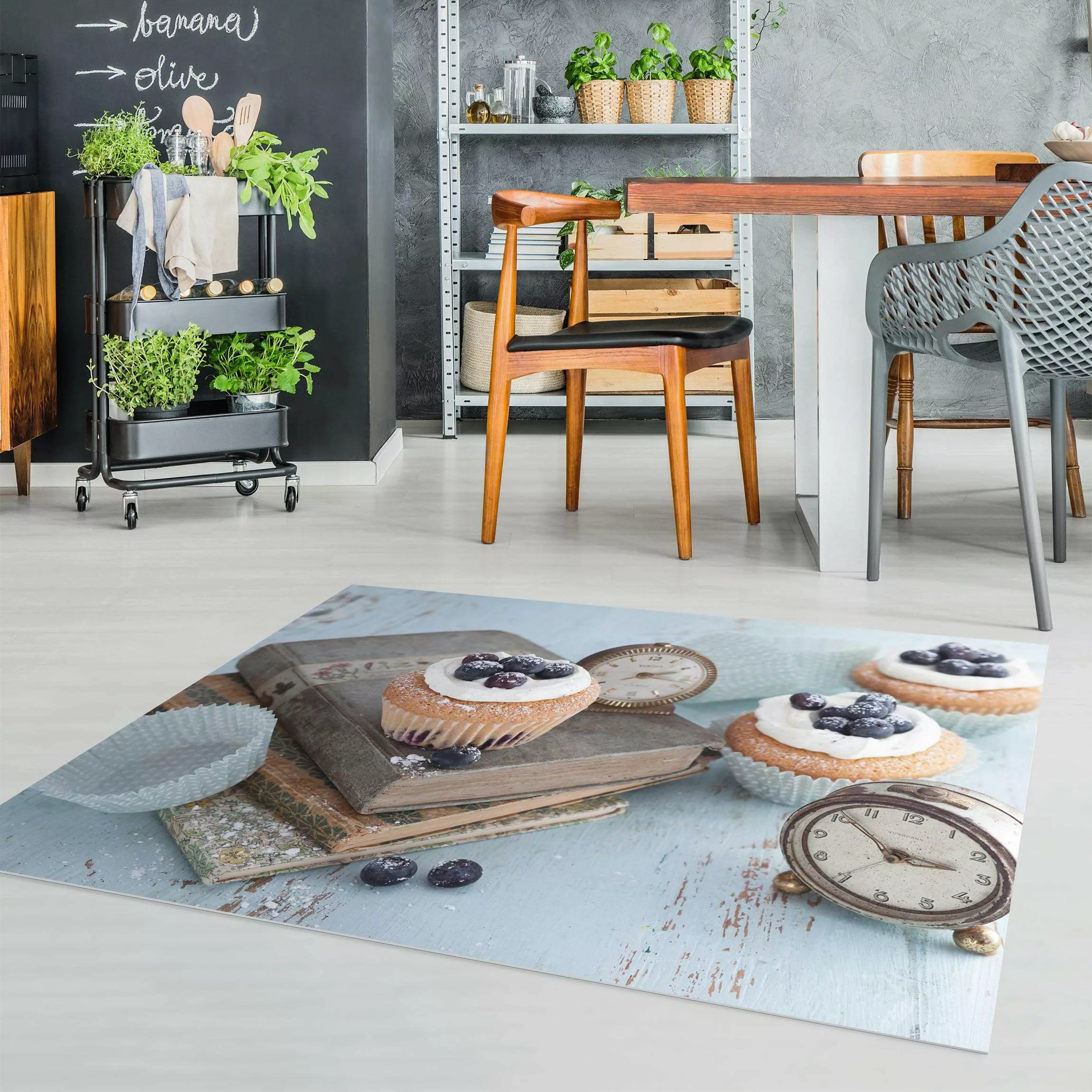 Vinyl-Teppich Vintage Cupcakes mit Wecker günstig online kaufen