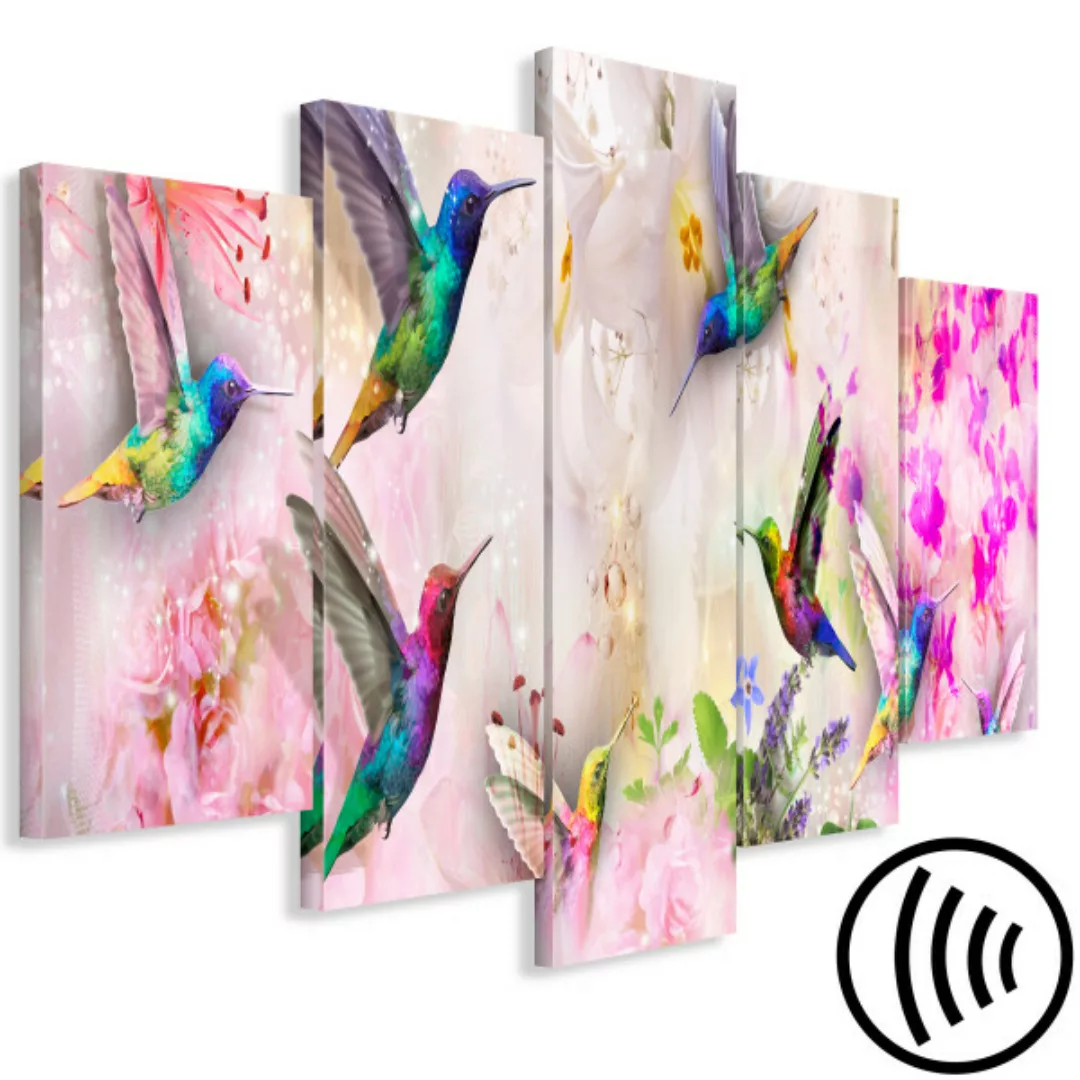 Bild auf Leinwand Colourful Hummingbirds (5 Parts) Wide Pink XXL günstig online kaufen