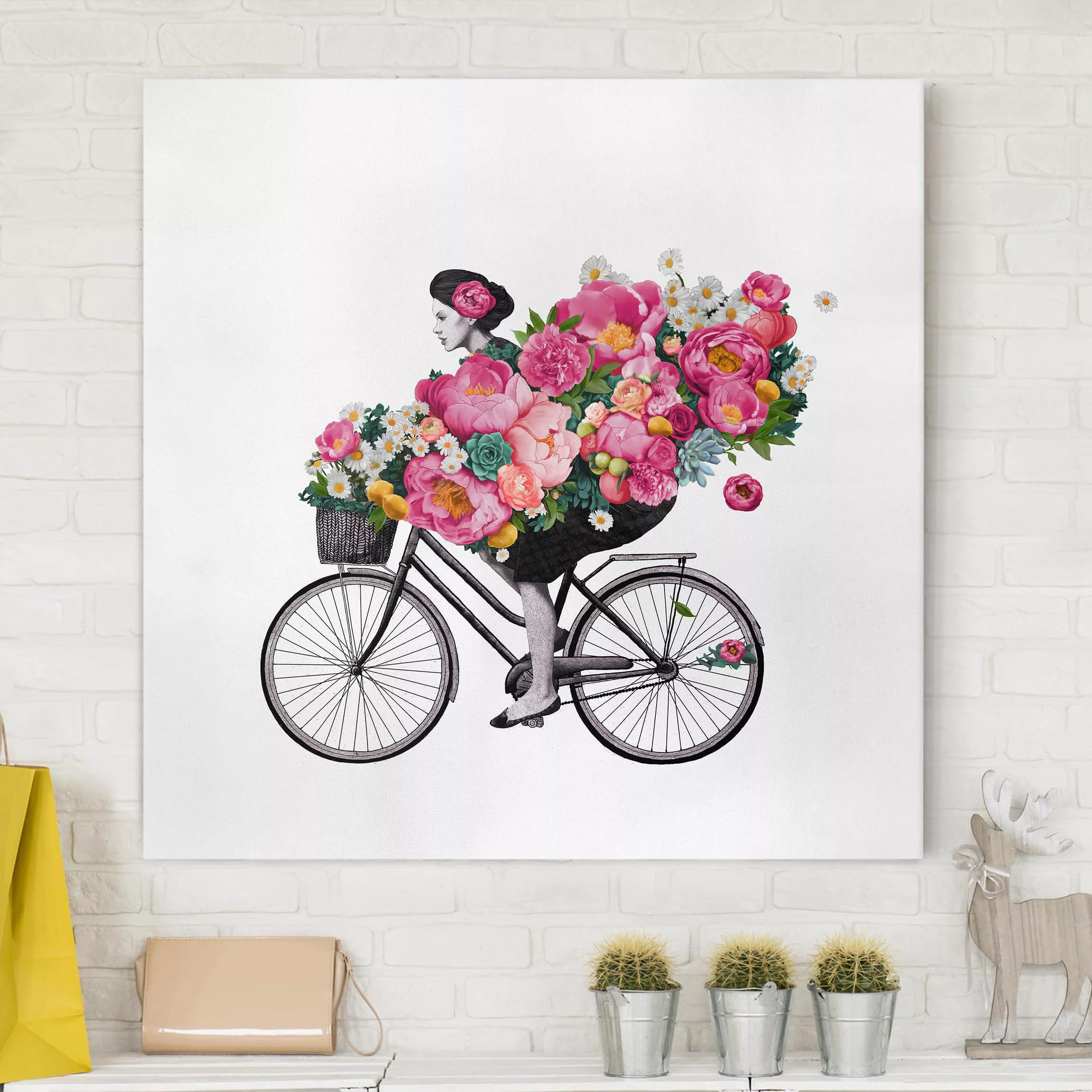 Leinwandbild Blumen - Quadrat Illustration Frau auf Fahrrad Collage bunte B günstig online kaufen