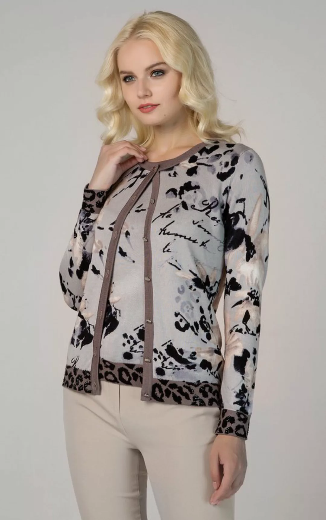 Passioni Cardigan Twinset mit Blumendruck und Leopardendetail günstig online kaufen