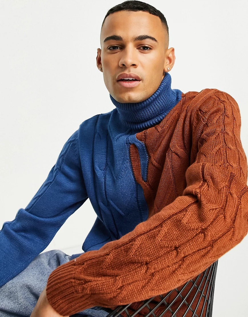 ASOS DESIGN – Oversize-Pullover in Blau und Rotbraun mit Zopfmuster und Sch günstig online kaufen